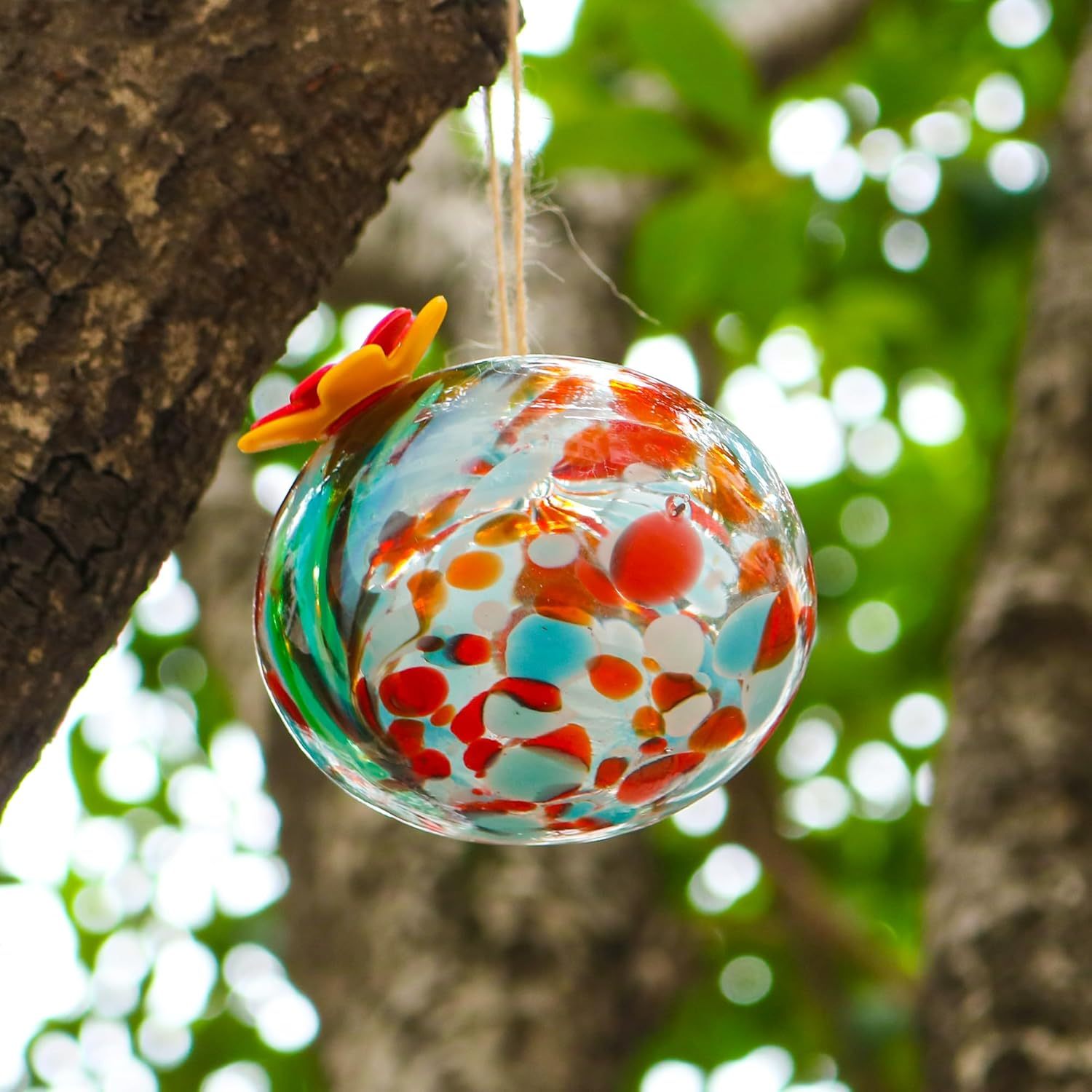 Hand Blown Glass Hummingbird Feeder for Outdoor Hanging