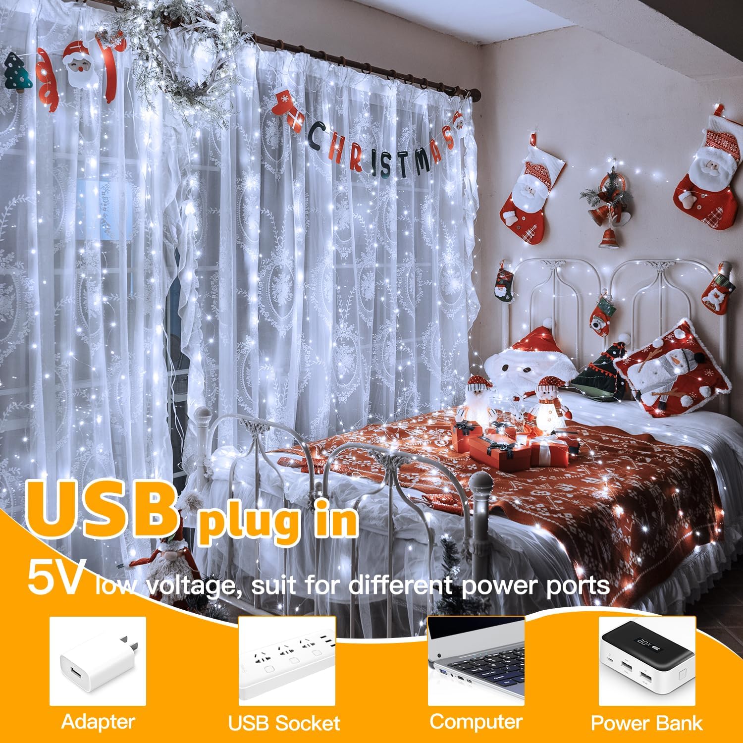 10FT 10FT Curtain Fairy Lights 300 LED Indoor Outdoor String Lights