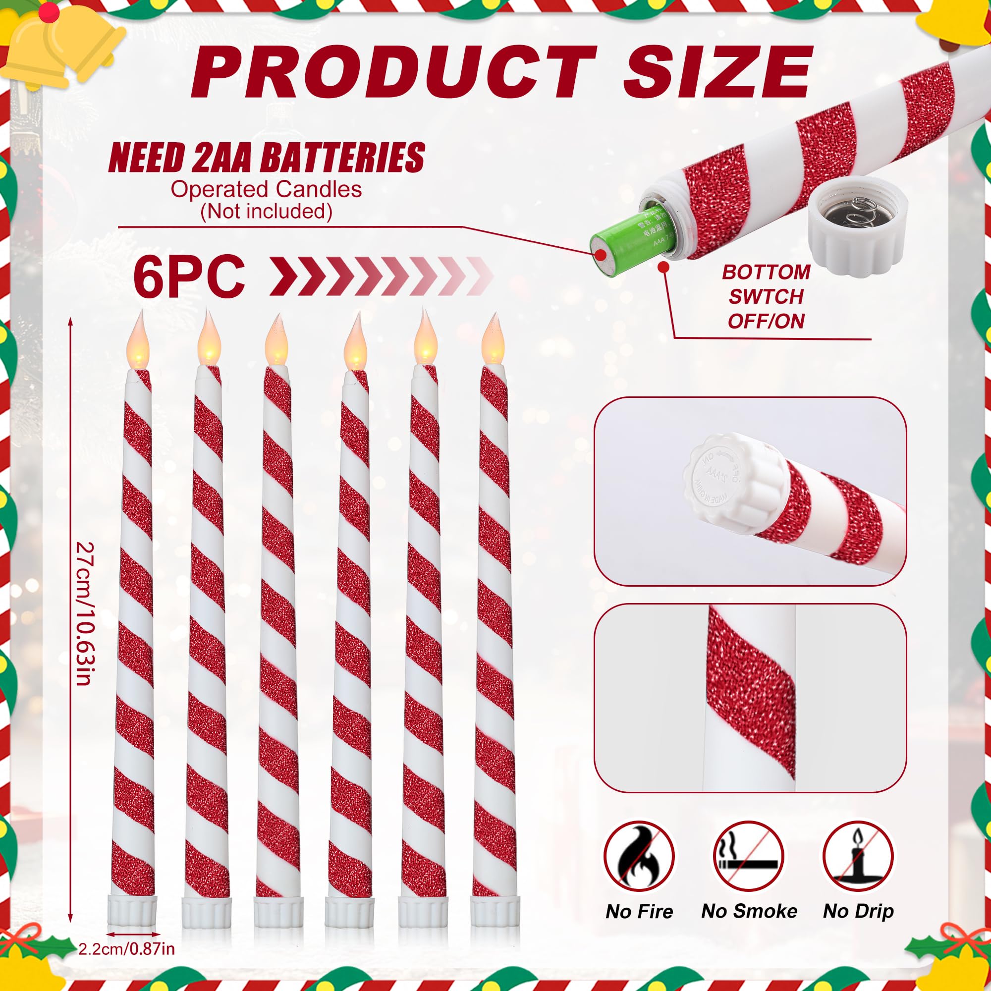 6PCS Christmas Candy Cane Flameless Flickering Taper Candles