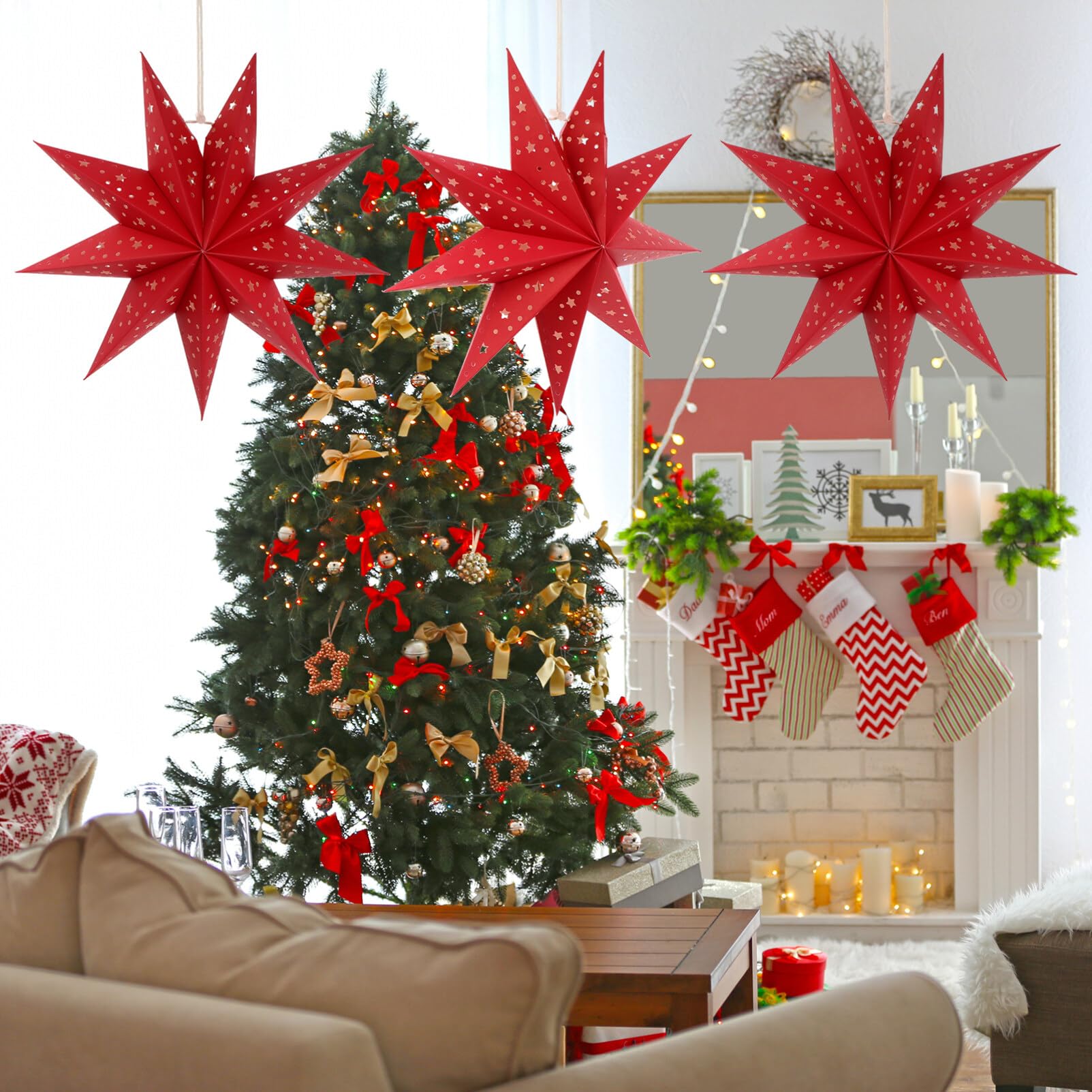 3-Pack LED 3D Hanging Paper Star Lanterns