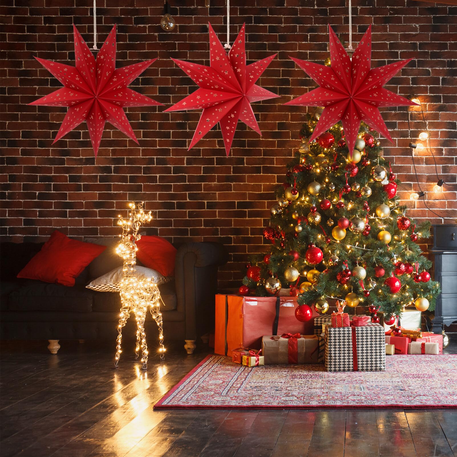 3-Pack LED 3D Hanging Paper Star Lanterns