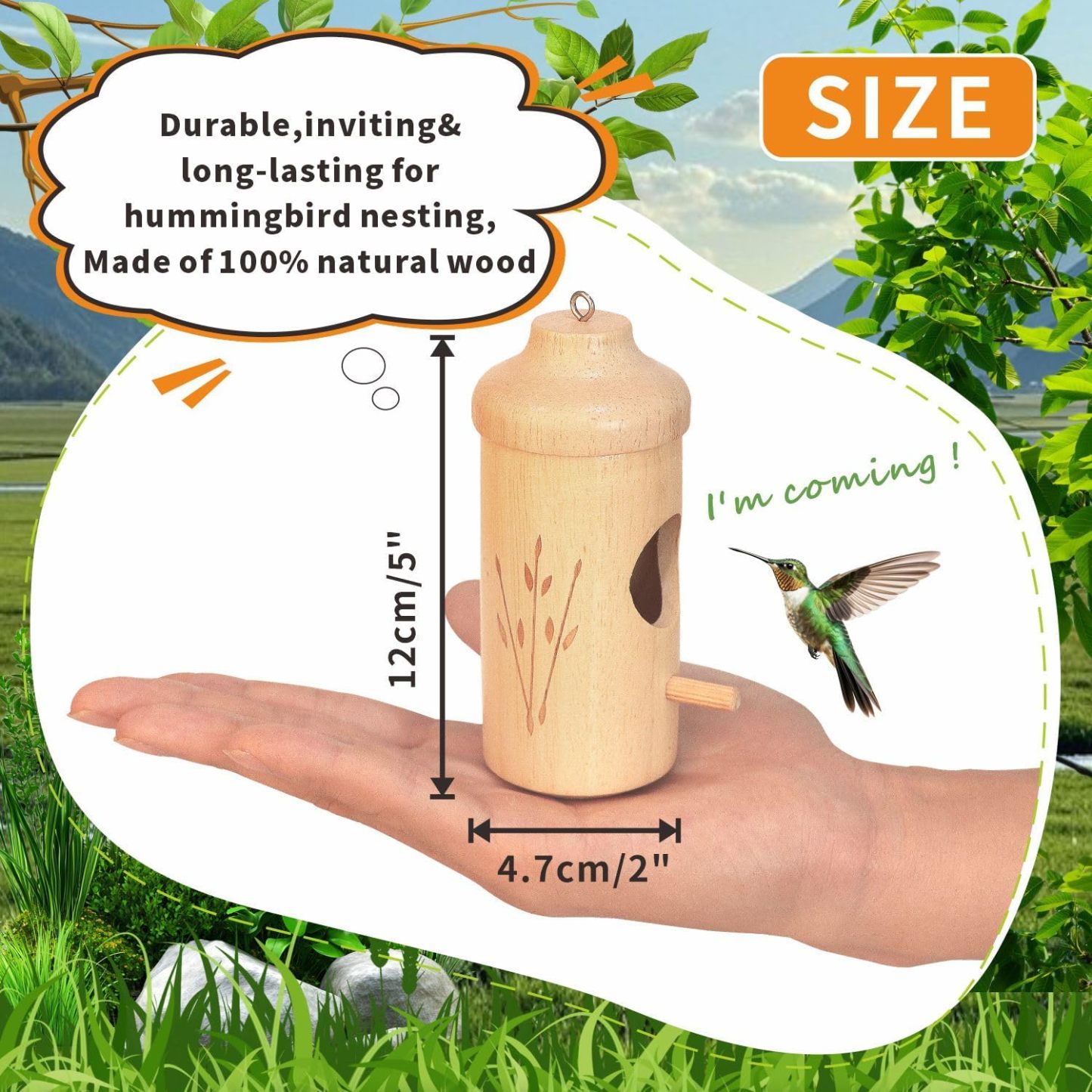 Natural Wooden Hummingbird House for Outdoor Hanging