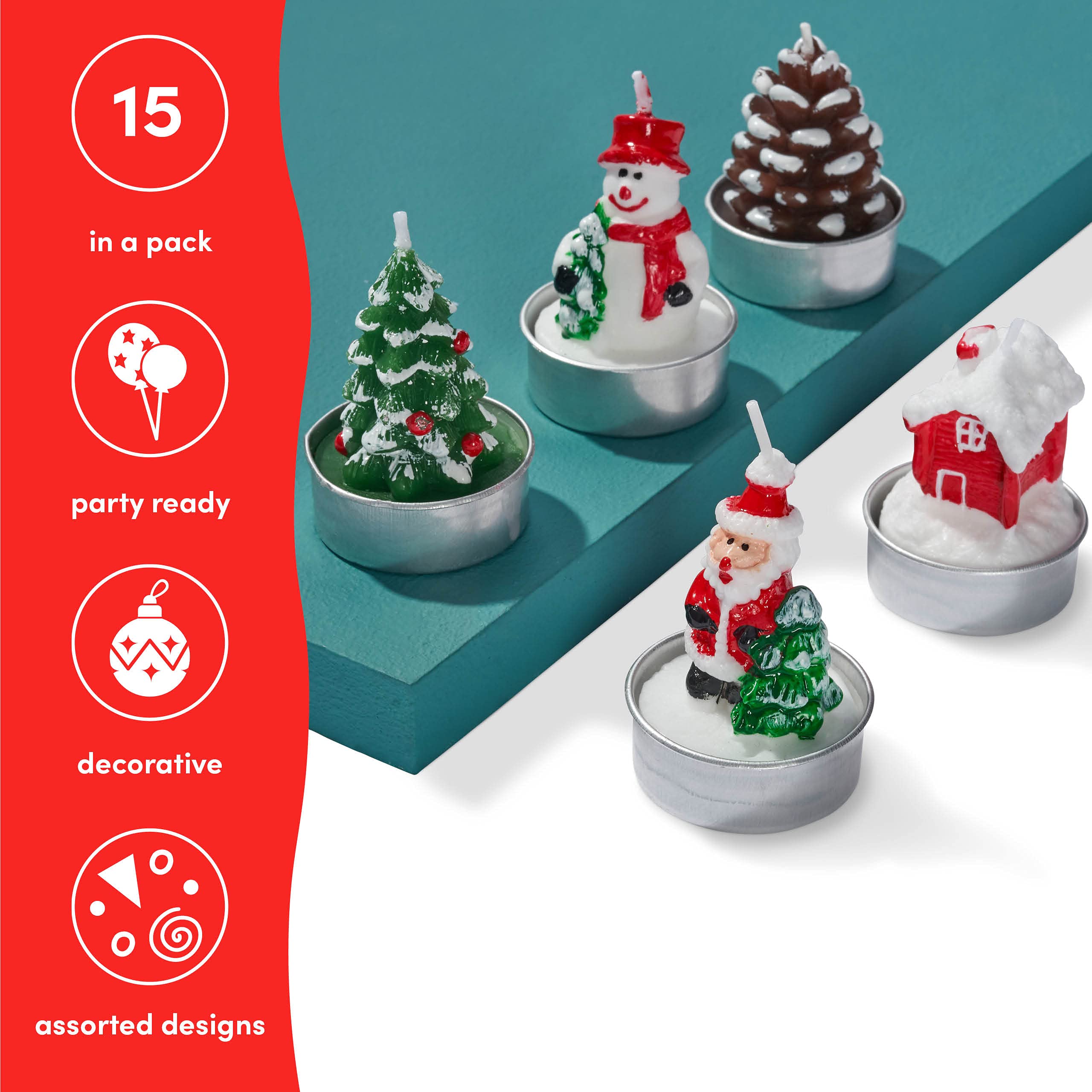 15 Mini Christmas Tealight Candles in 5 Assorted Designs