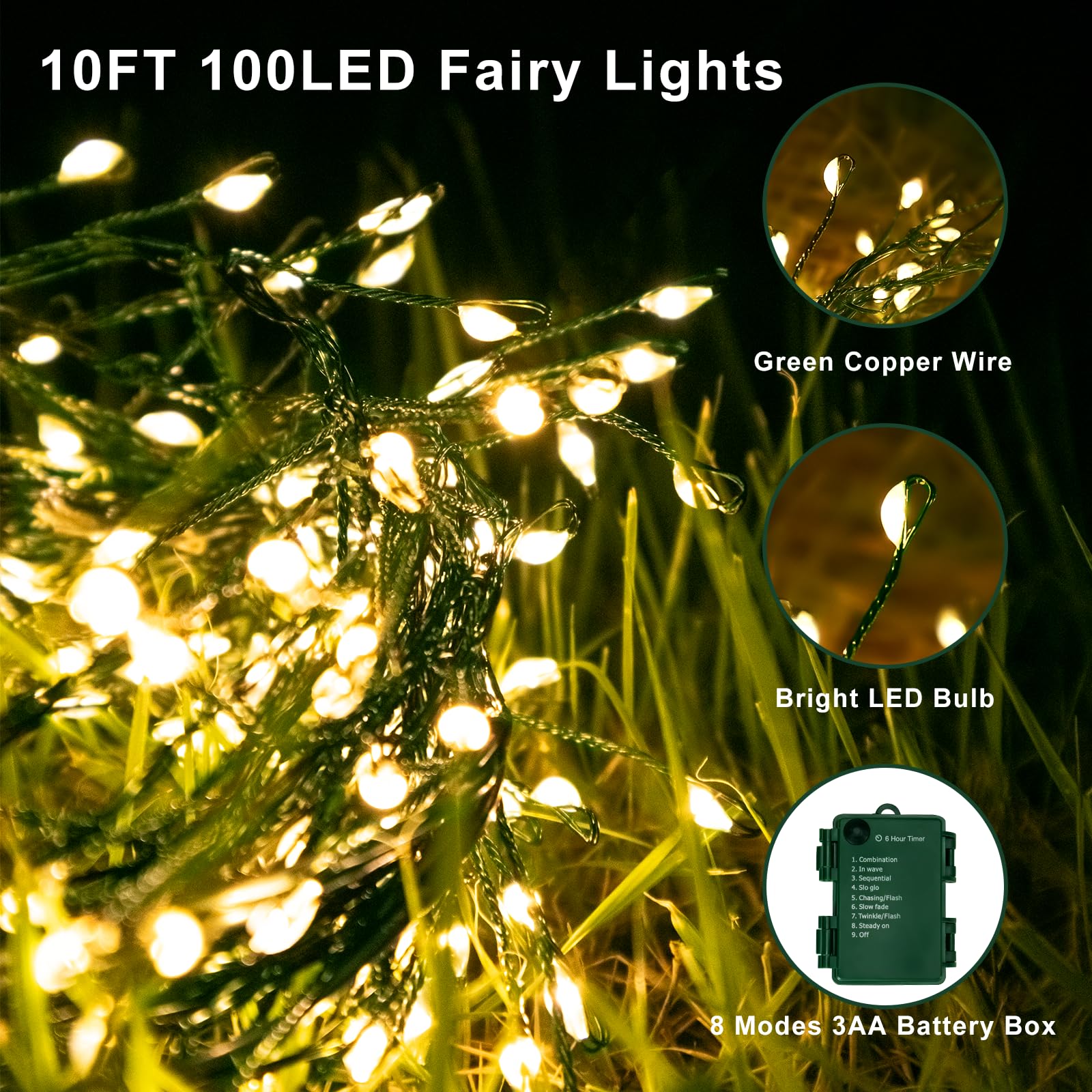 10FT 100 Micro LED Fairy Lights with Remote, 8 Modes & Timer