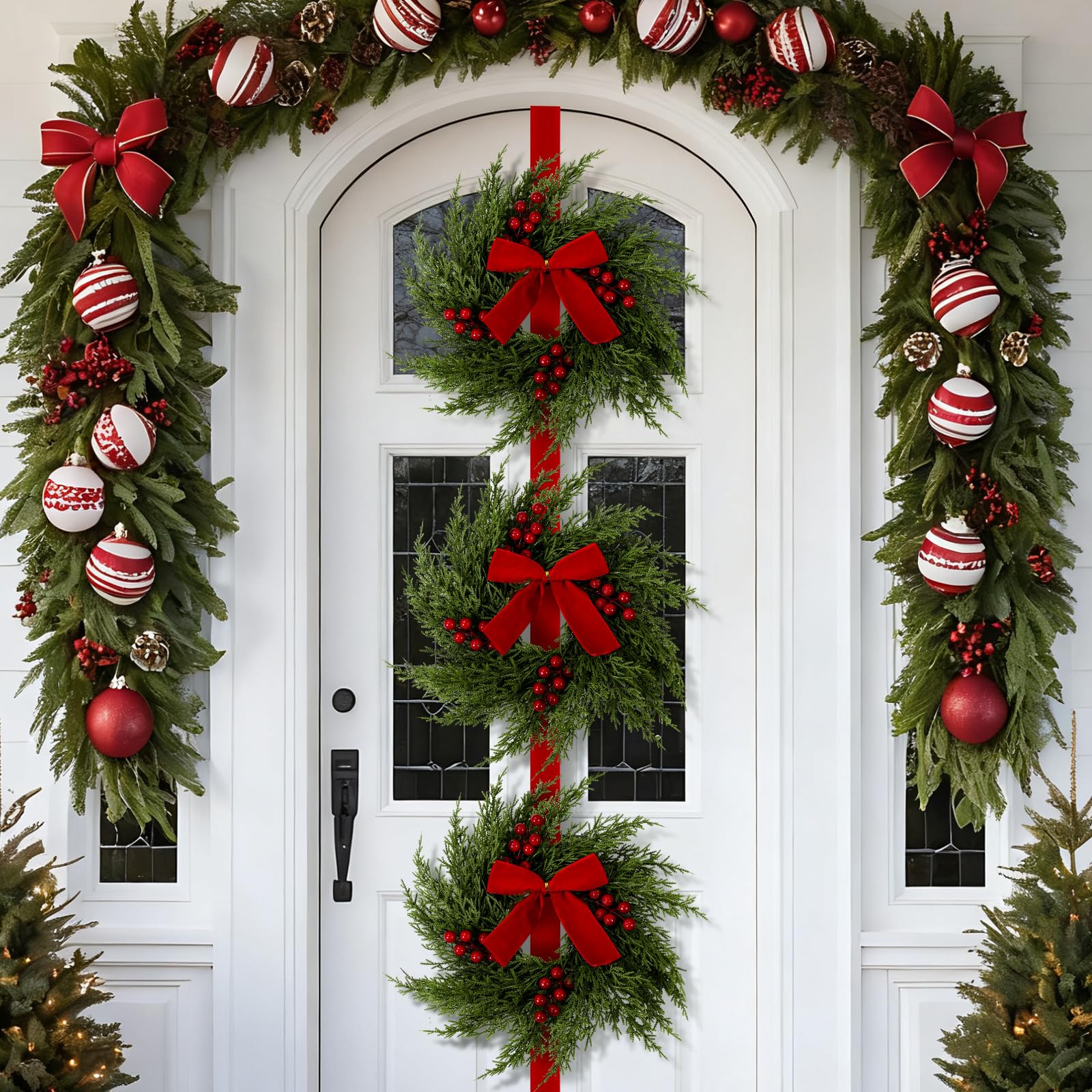 3-Tier Artificial Cedar Christmas Wreath with Red Velvet Bows
