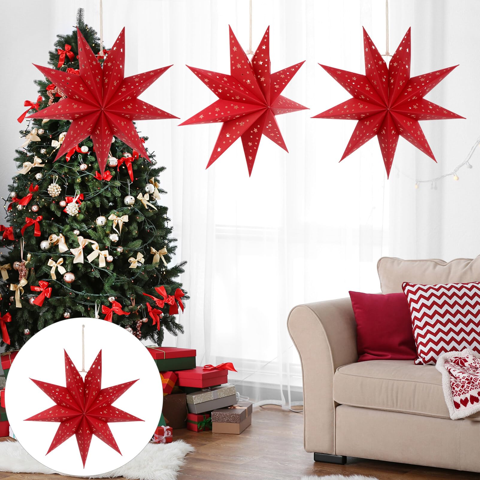 3-Pack LED 3D Hanging Paper Star Lanterns