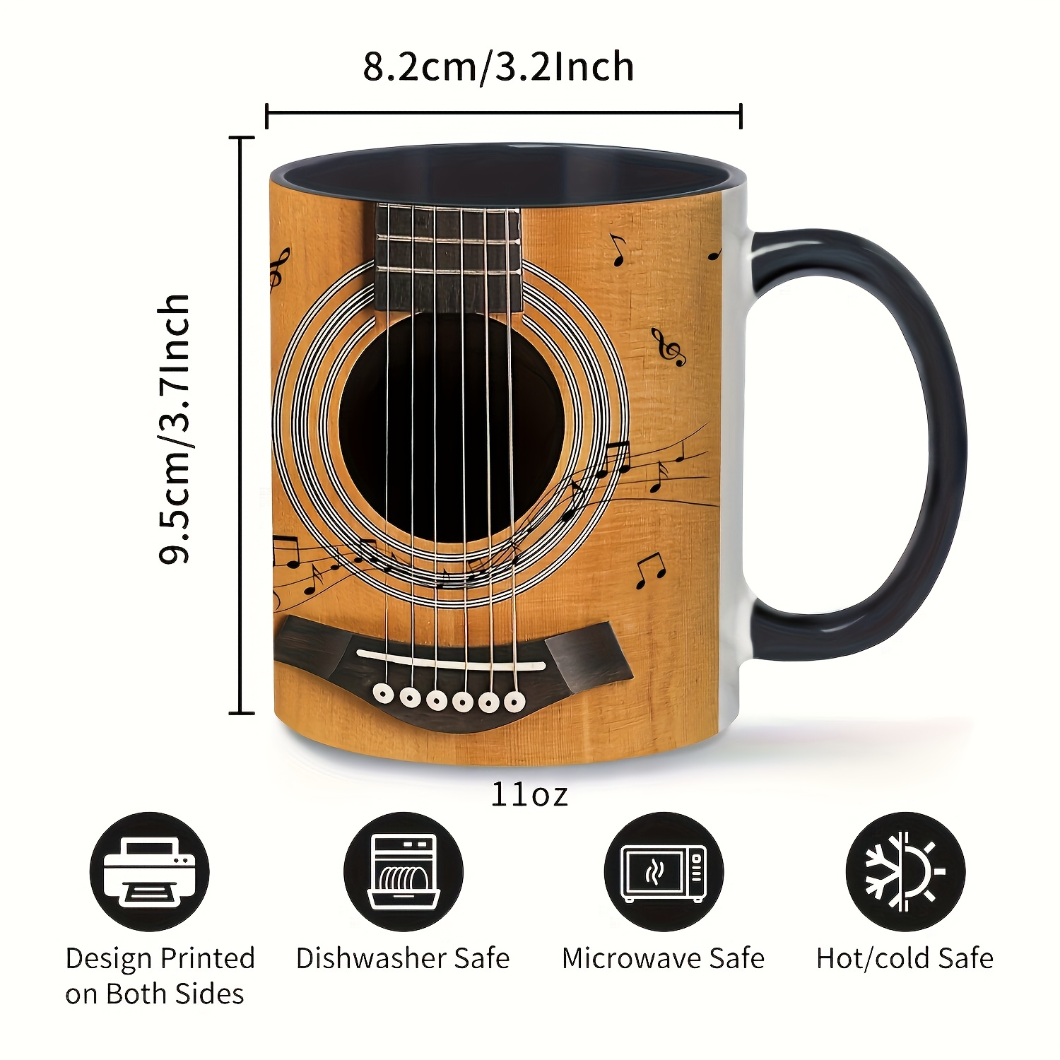 11oz Ceramic Guitar Coffee Mug with Music Notes & Artistic Accents