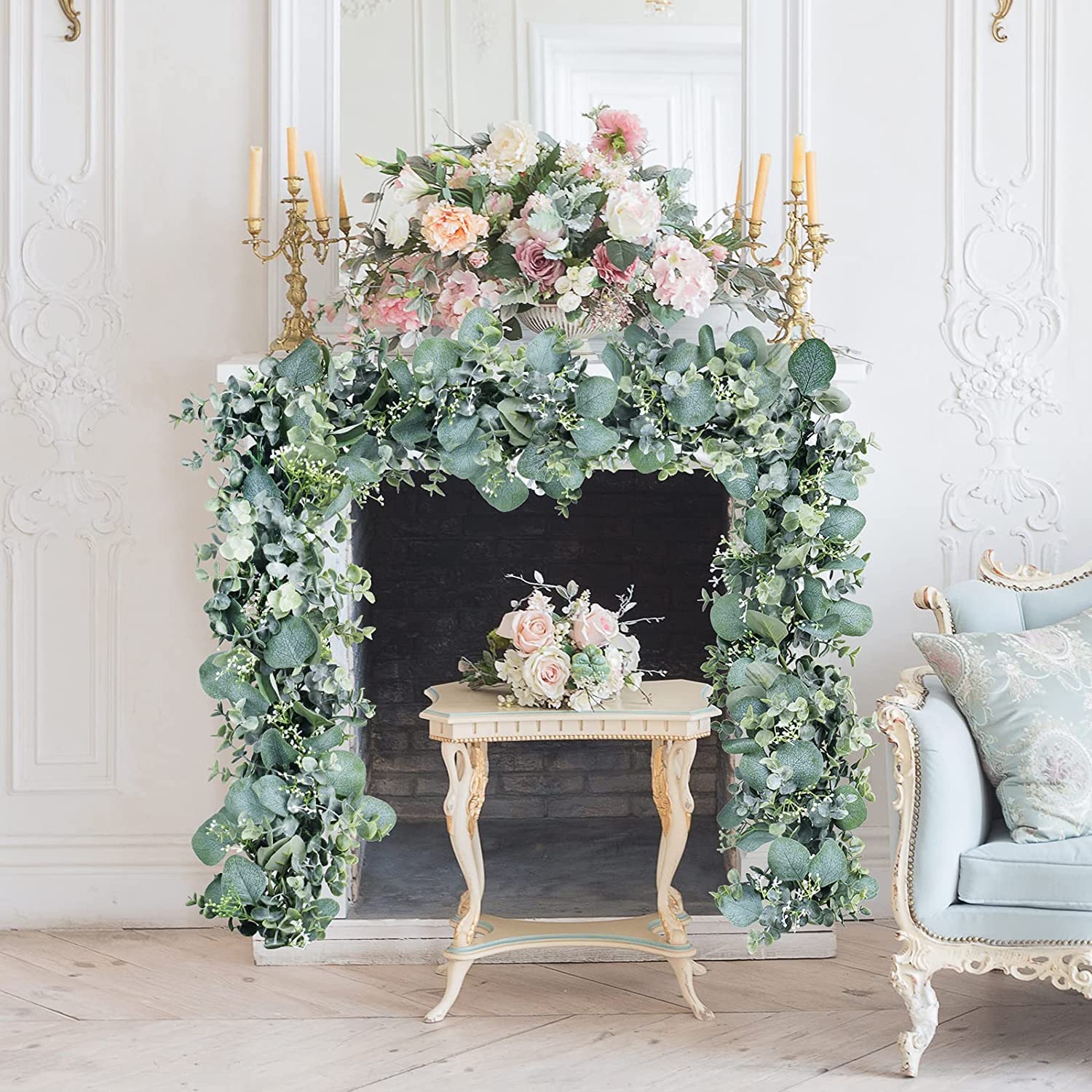 4PCS 6FT Artificial Eucalyptus Garland with White Flowers