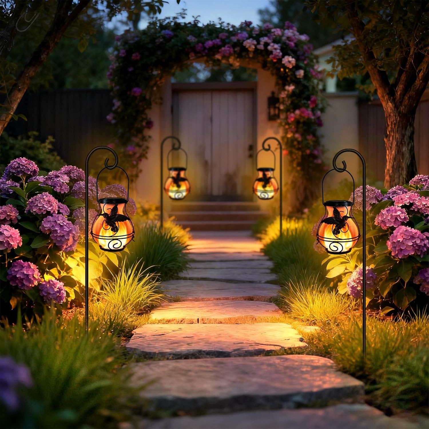 Hummingbird Solar Lantern Outdoor Hanging Flickering Flame Light