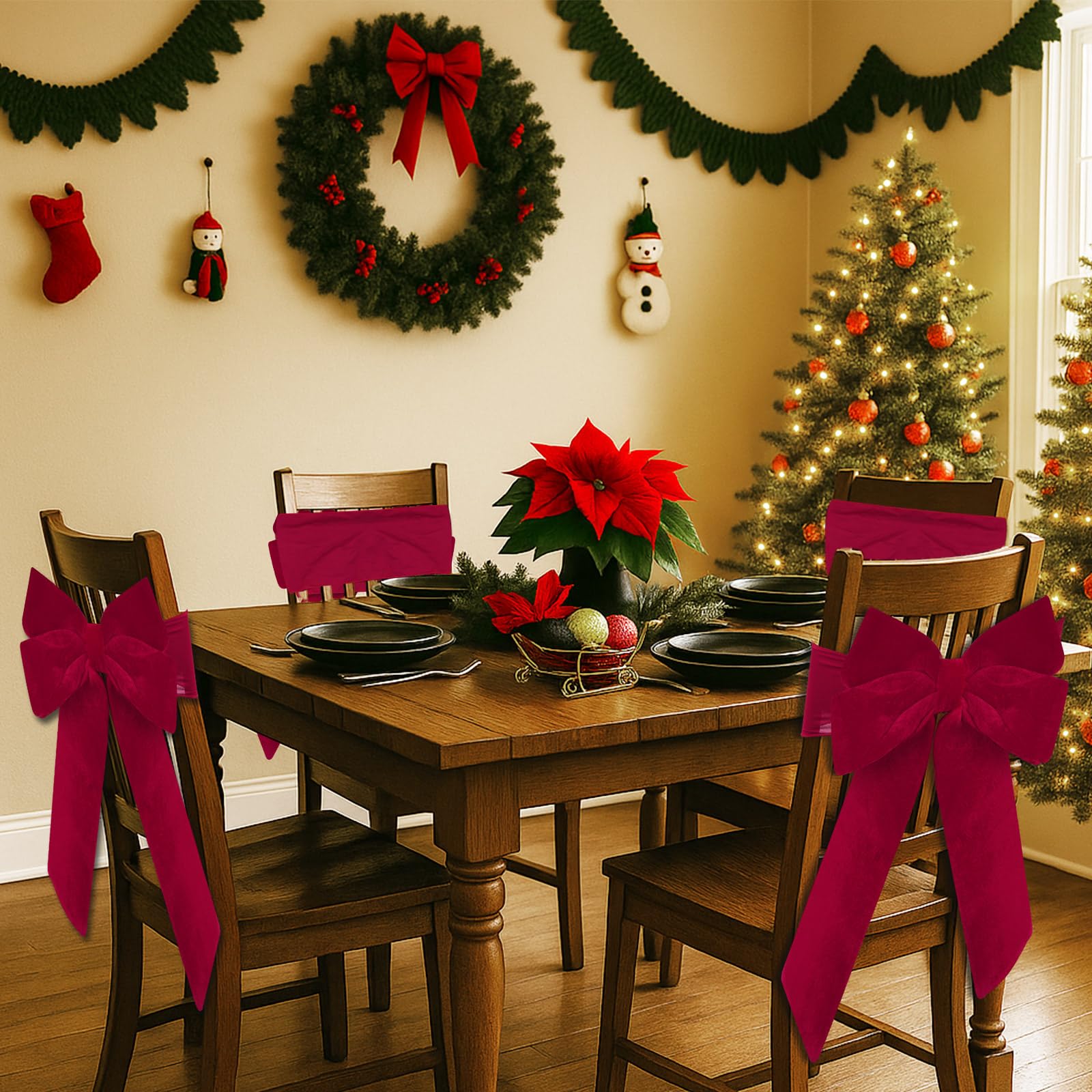 Set of 4 Christmas Velvet Chair Sashes Bows Covers