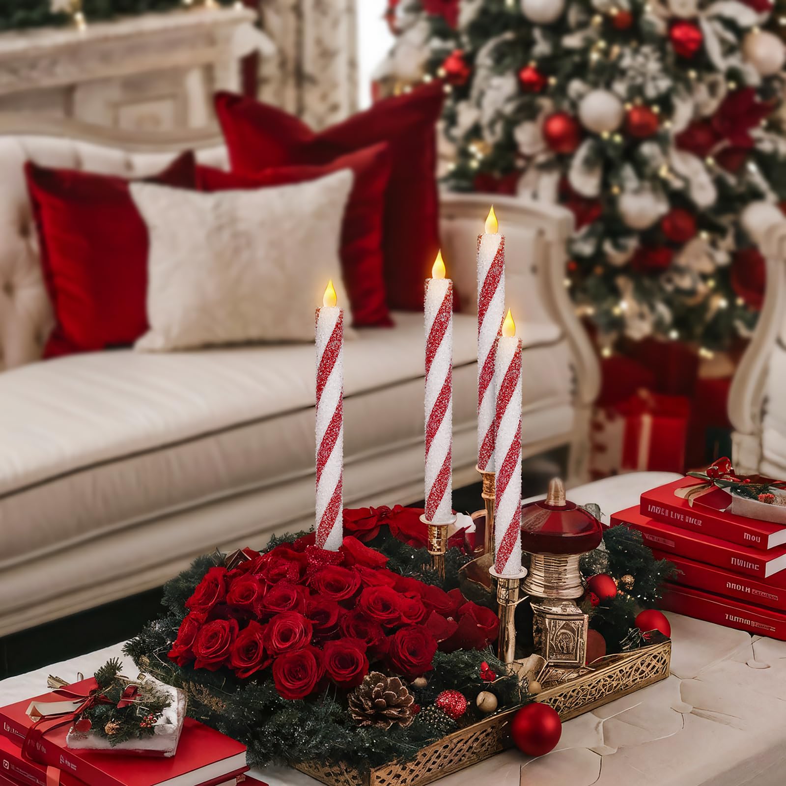 6 Pack Christmas Candy Cane Flameless Flickering Taper Candles with Remote Control