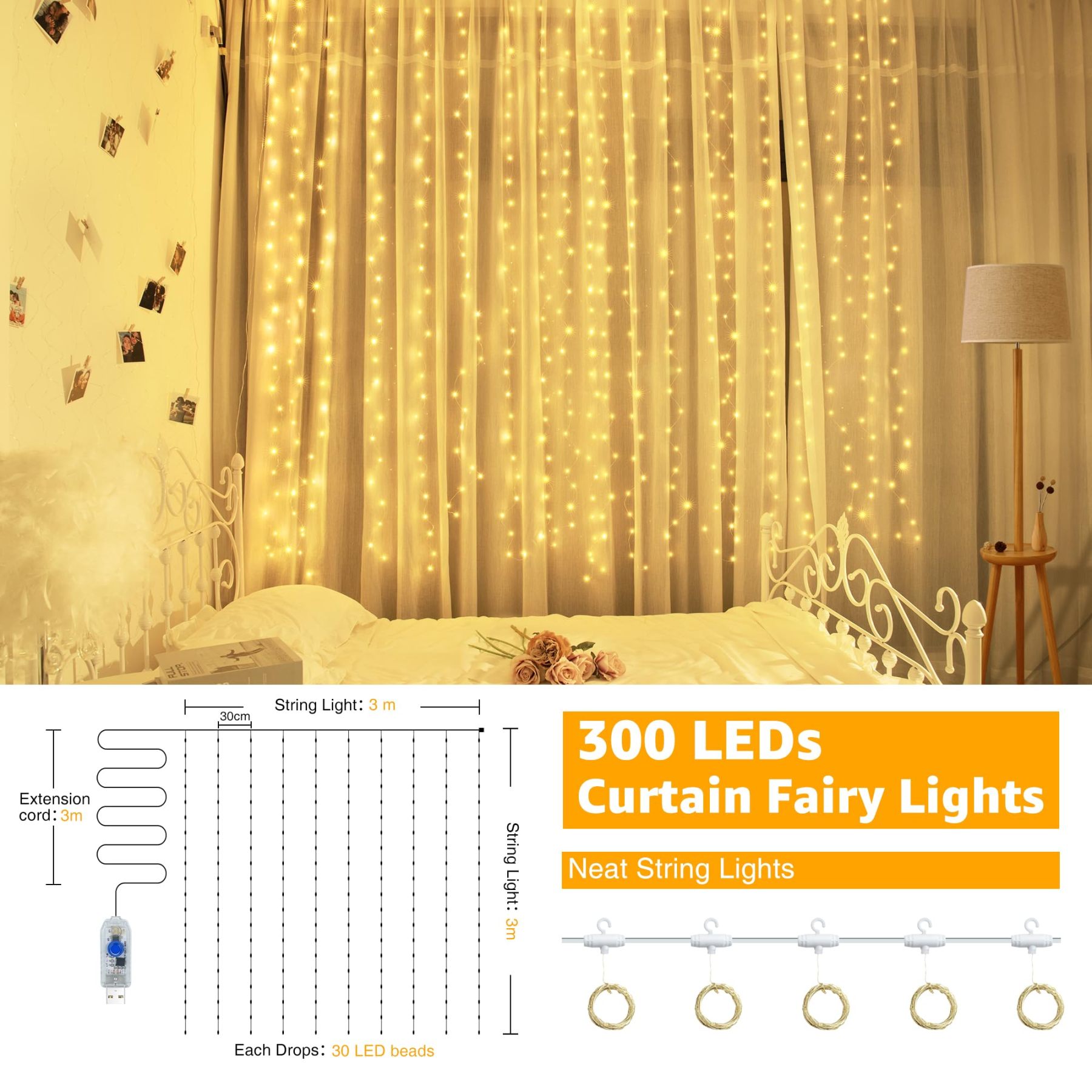 10FT 10FT Curtain Fairy Lights 300 LED Indoor Outdoor String Lights
