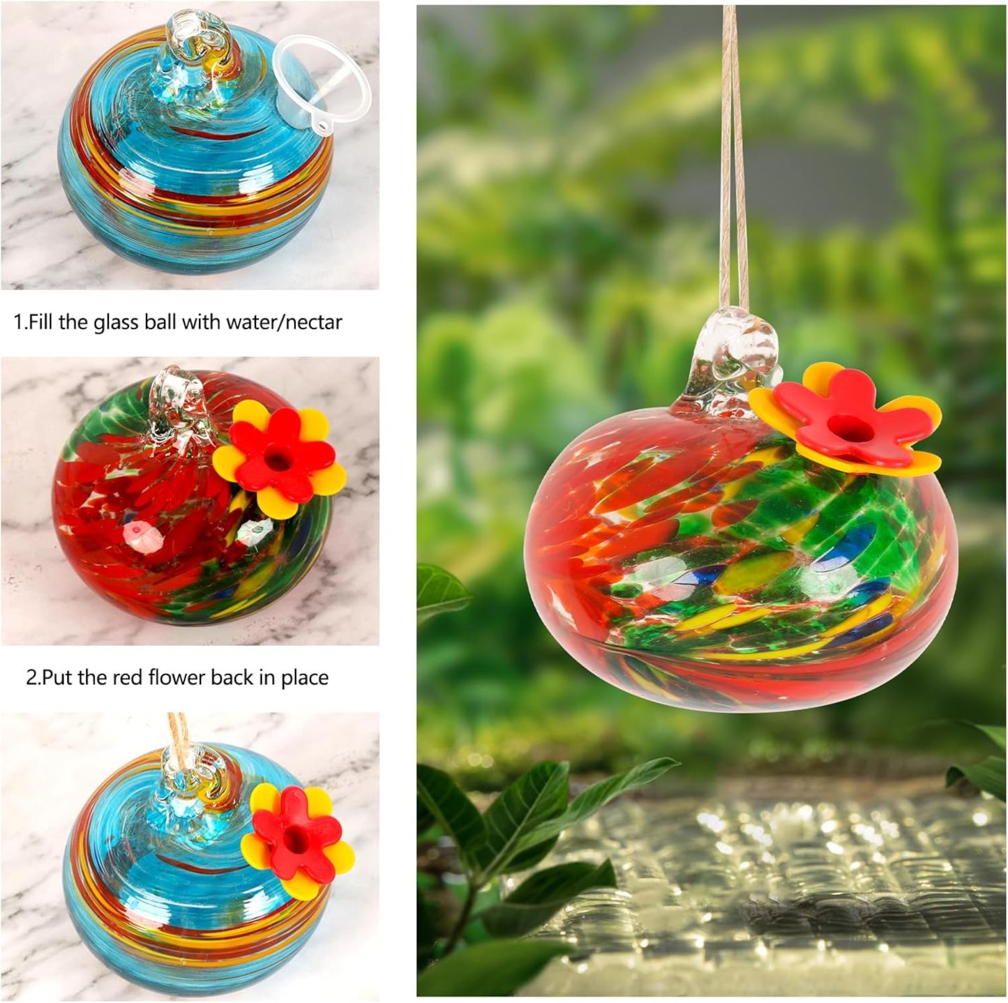 Hand Blown Glass Hummingbird Feeder for Outdoor Hanging