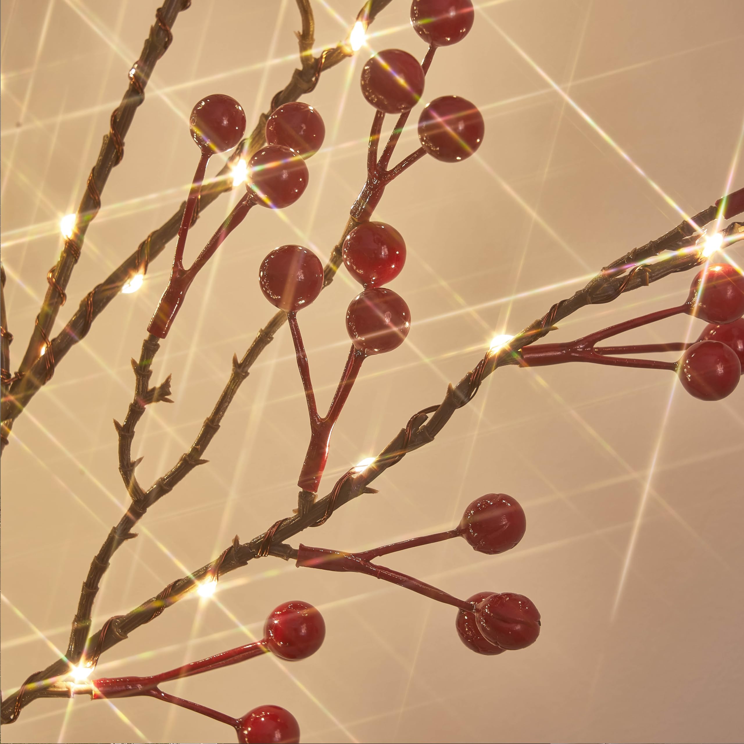  32IN Lighted Red Berry Branches 80 LED Fairy Lights with Timer