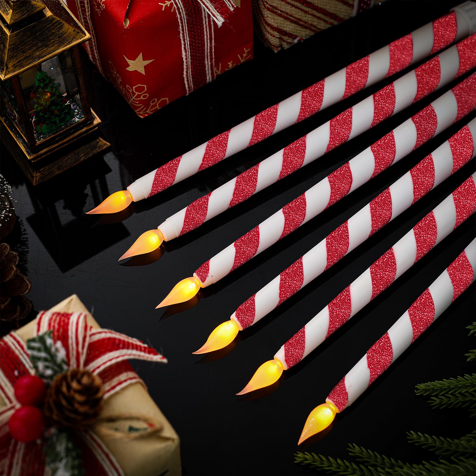 6PCS Christmas Candy Cane Flameless Flickering Taper Candles