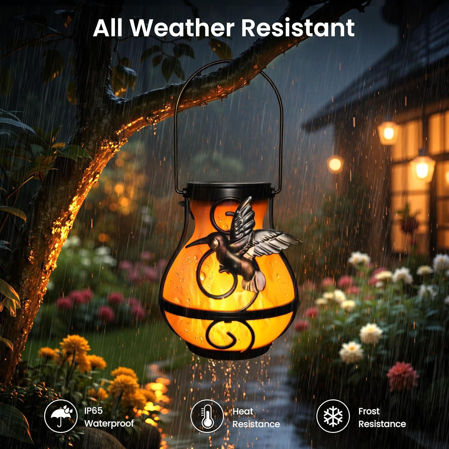 Hummingbird Solar Lantern Outdoor Hanging Flickering Flame Light