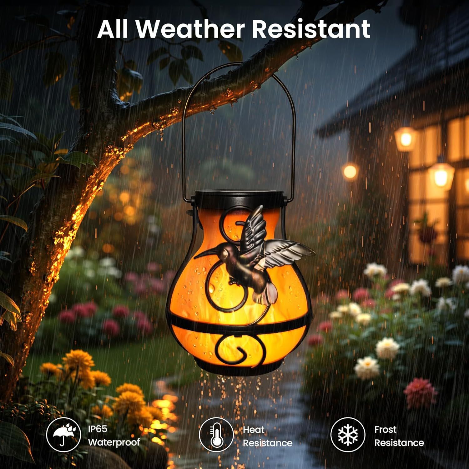 Hummingbird Solar Lantern Outdoor Hanging Flickering Flame Light