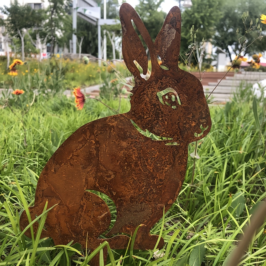 Metal Rabbit Garden Stake Rustic Bunny Lawn Yard Decor