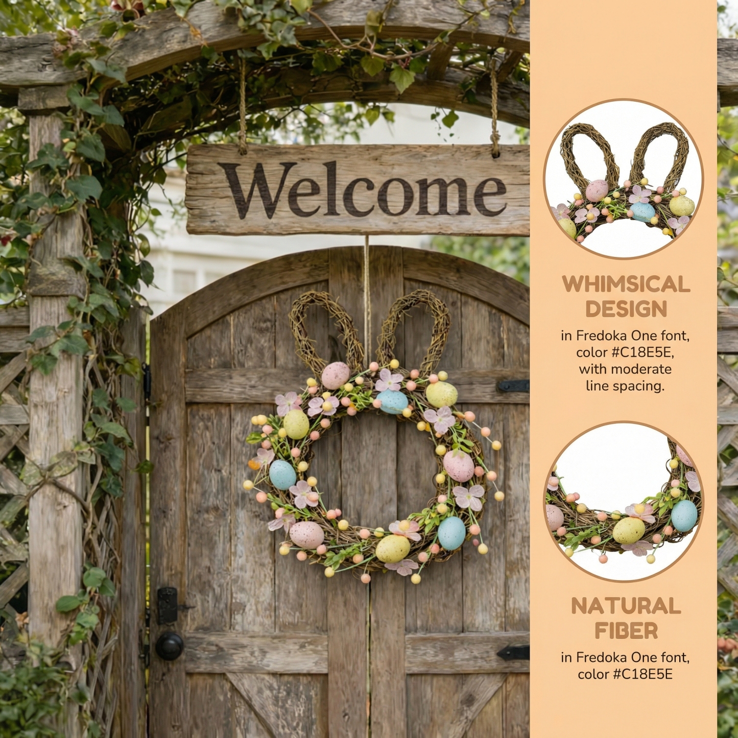 Handcrafted Bunny Ear Easter Wreath with Pastel Eggs & Flowers