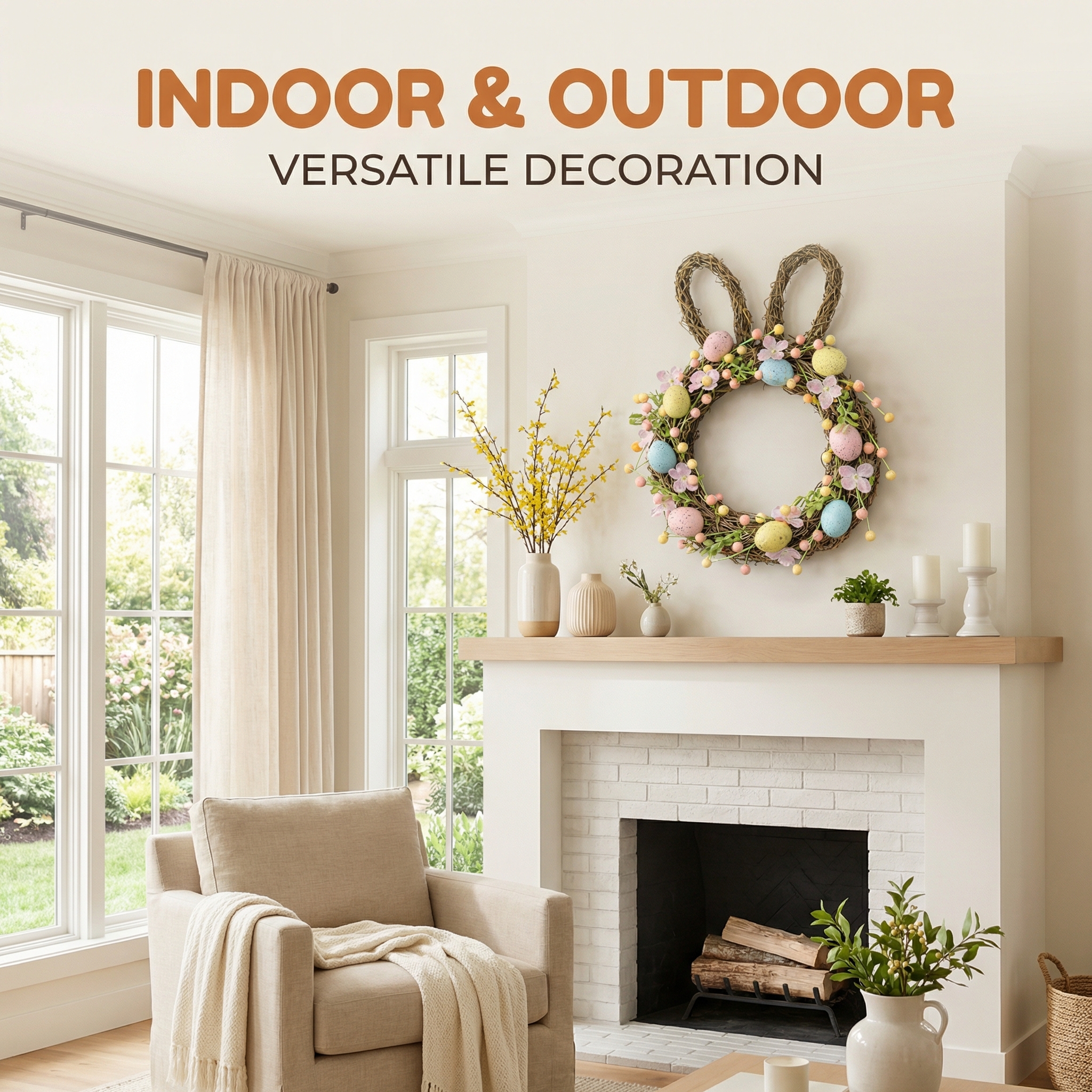 Handcrafted Bunny Ear Easter Wreath with Pastel Eggs & Flowers