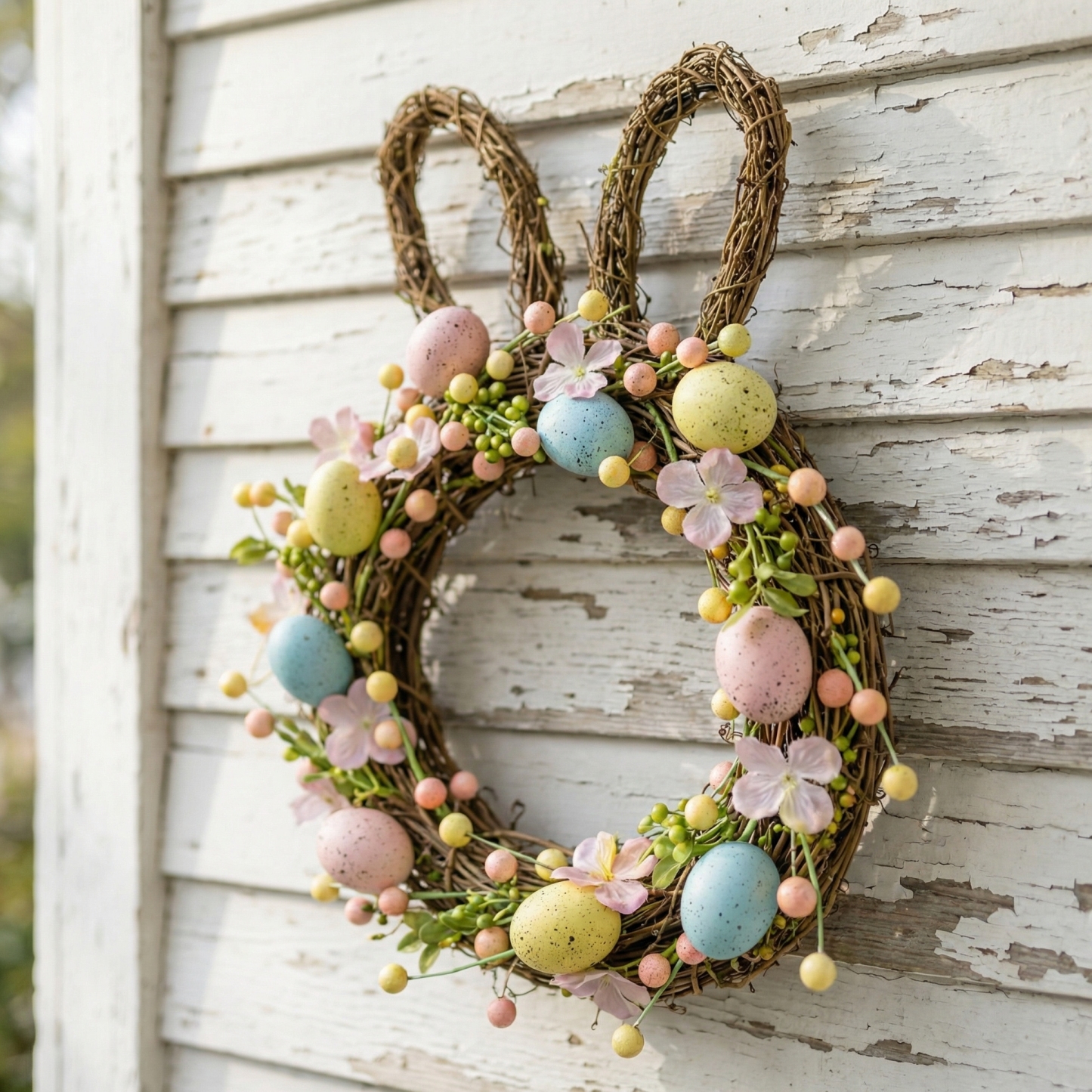 Handcrafted Bunny Ear Easter Wreath with Pastel Eggs & Flowers