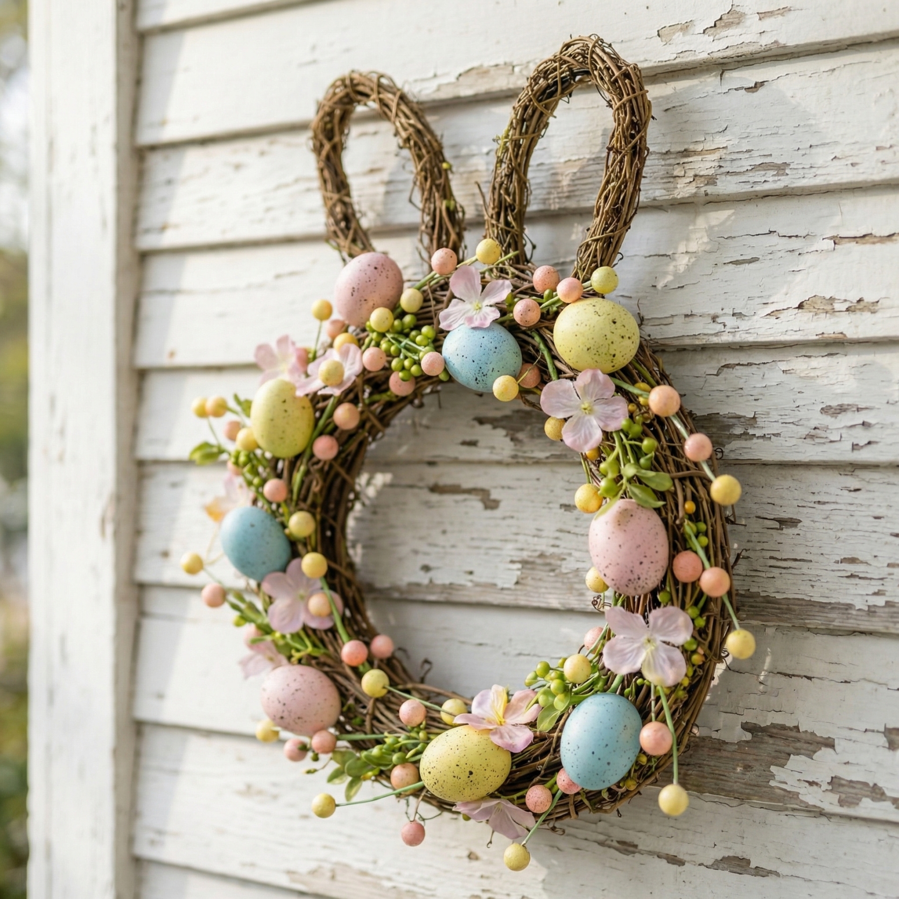 Handcrafted Bunny Ear Easter Wreath with Pastel Eggs & Flowers