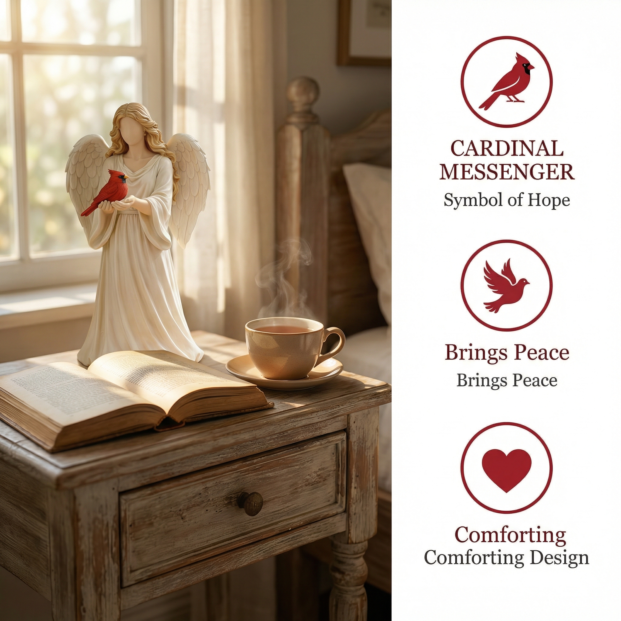 Angel Guardian Figurine Holding Red Cardinal, Meaningful Gift