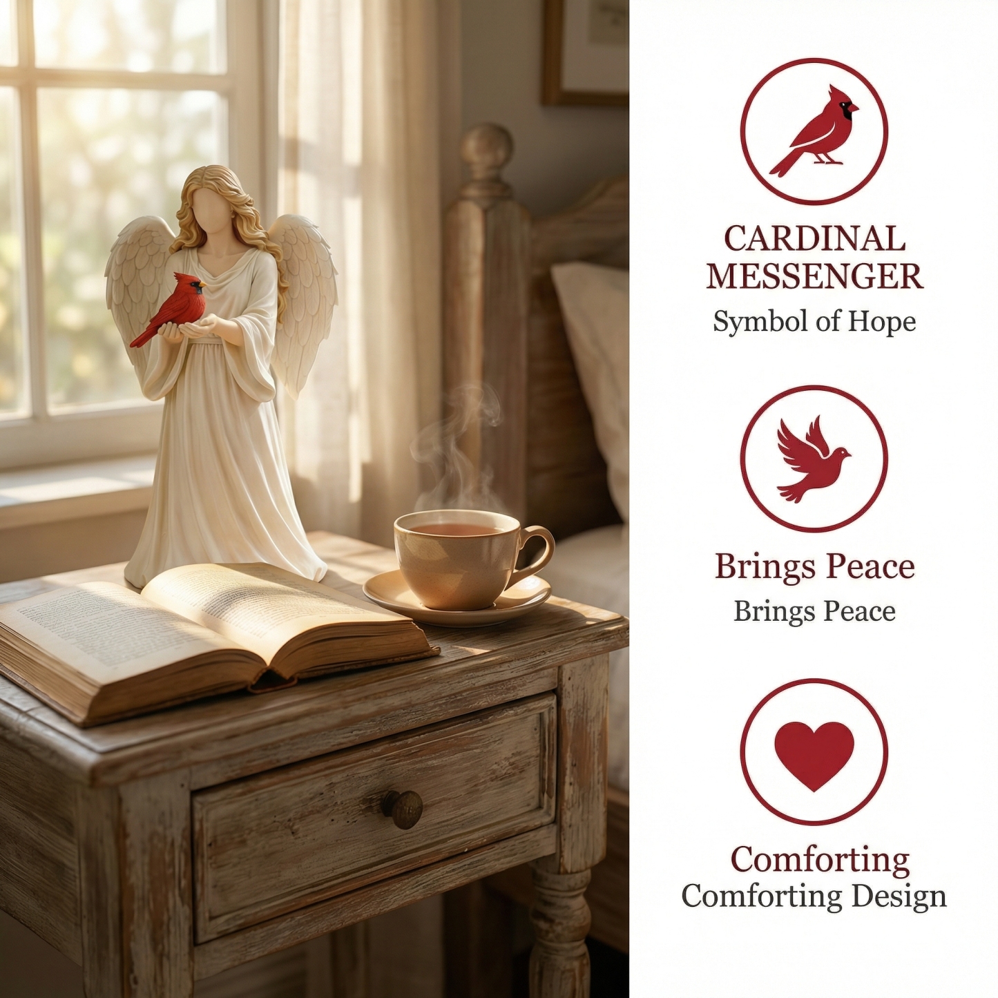 Angel Guardian Figurine Holding Red Cardinal, Meaningful Gift
