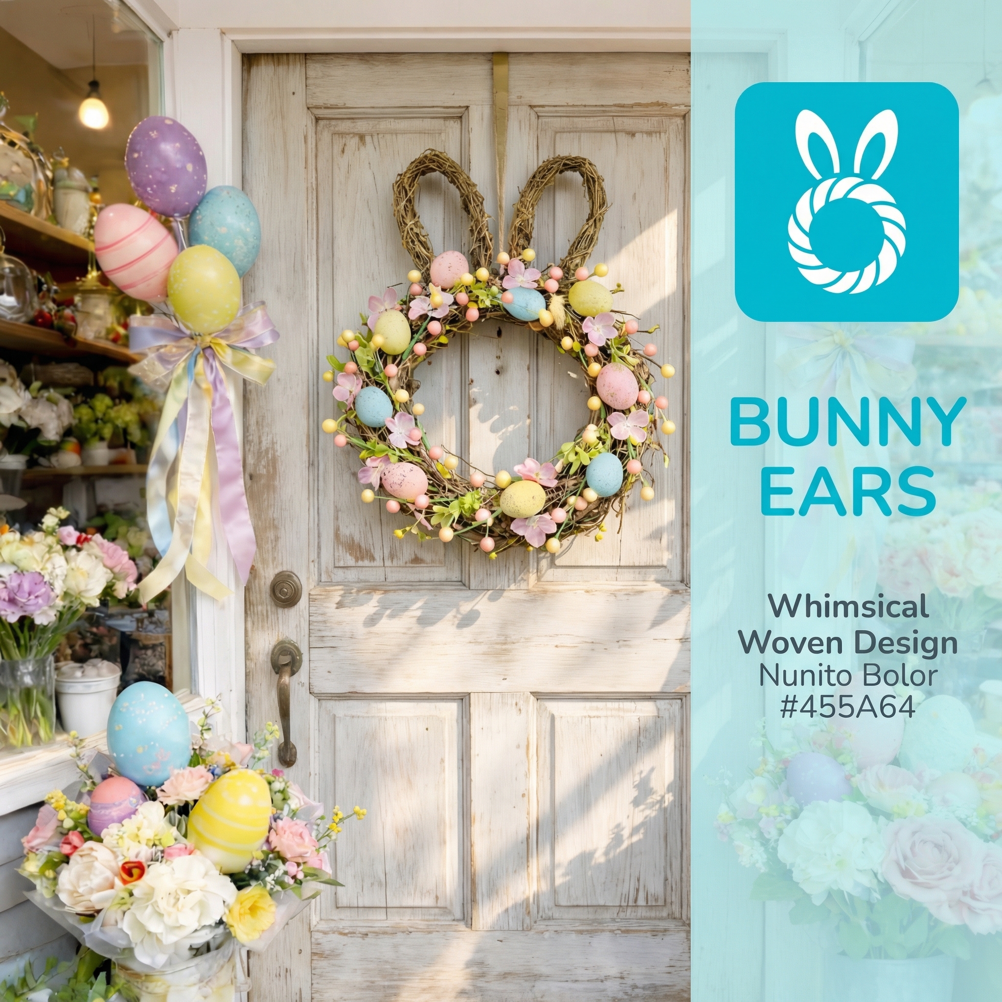 Handcrafted Bunny Ear Easter Wreath with Pastel Eggs & Flowers