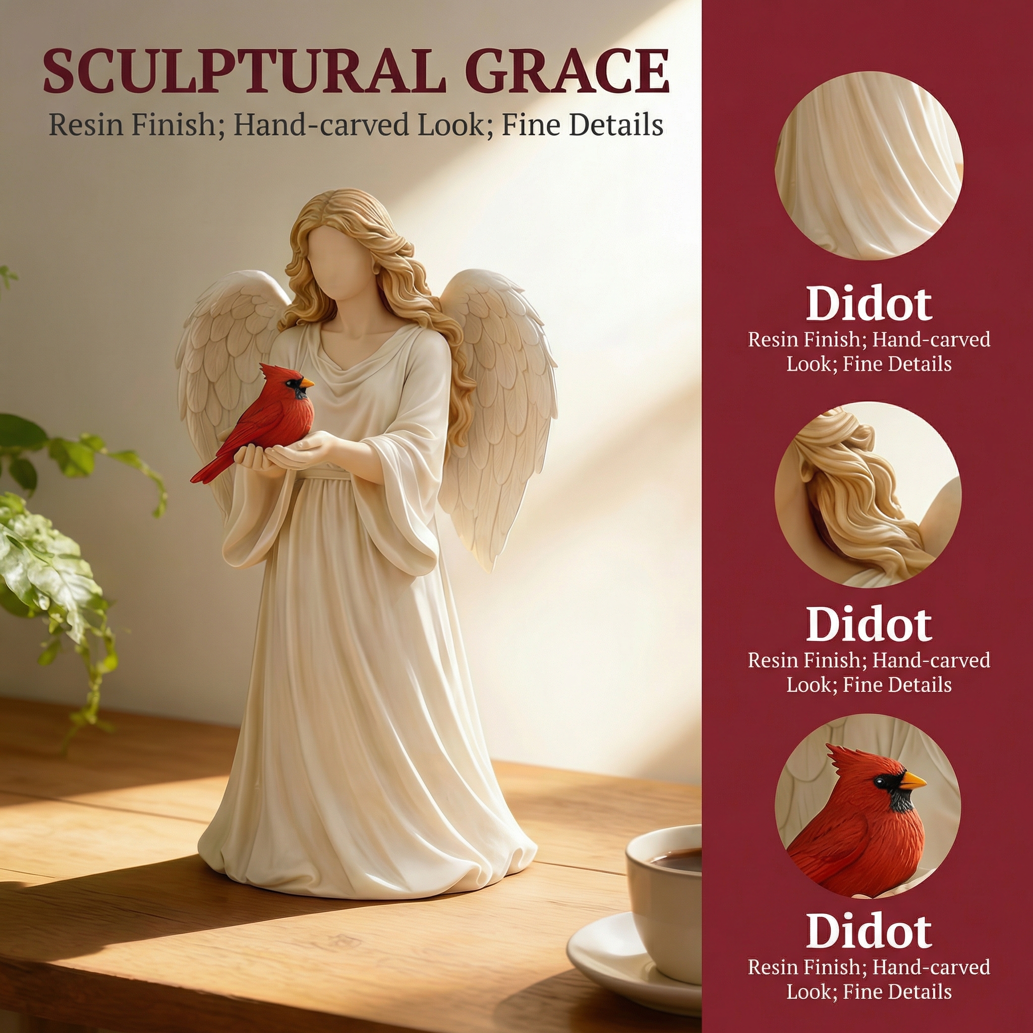 Angel Guardian Figurine Holding Red Cardinal, Meaningful Gift