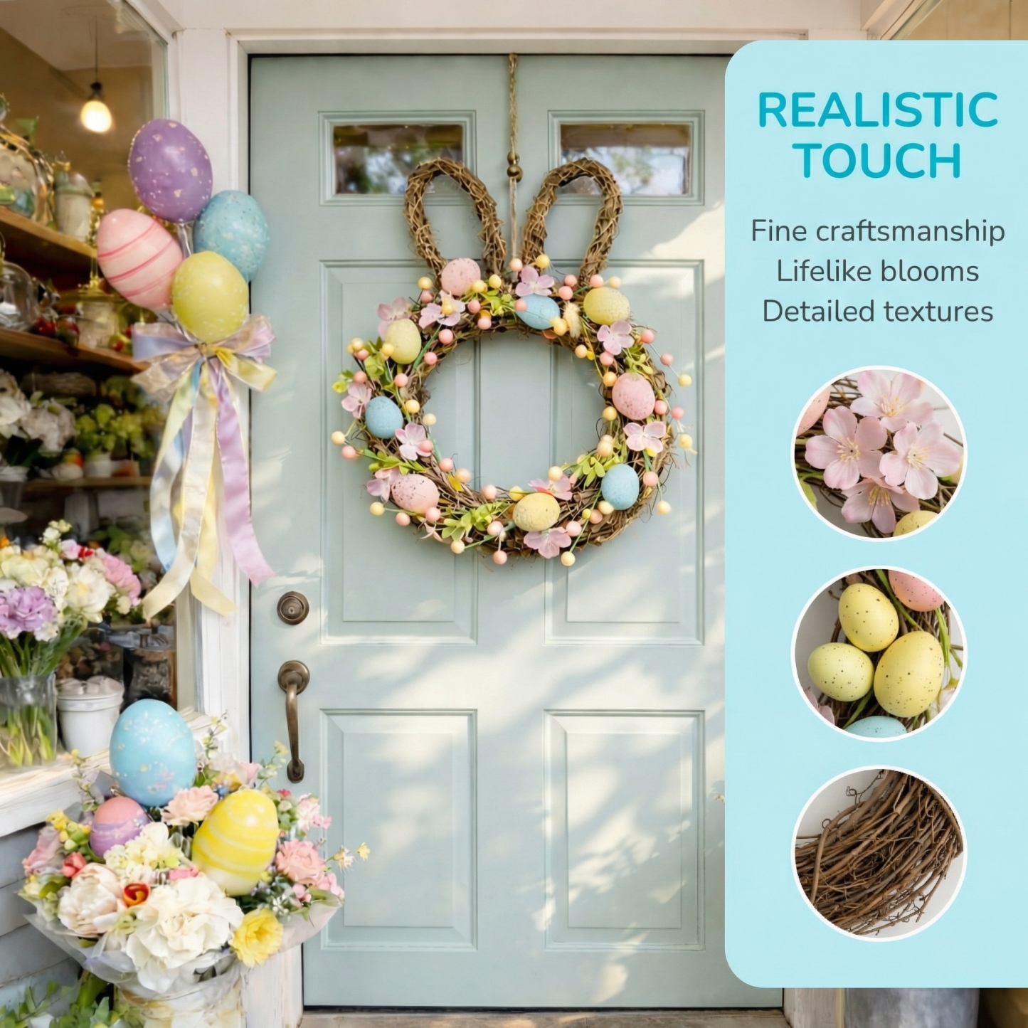 Handcrafted Bunny Ear Easter Wreath with Pastel Eggs & Flowers