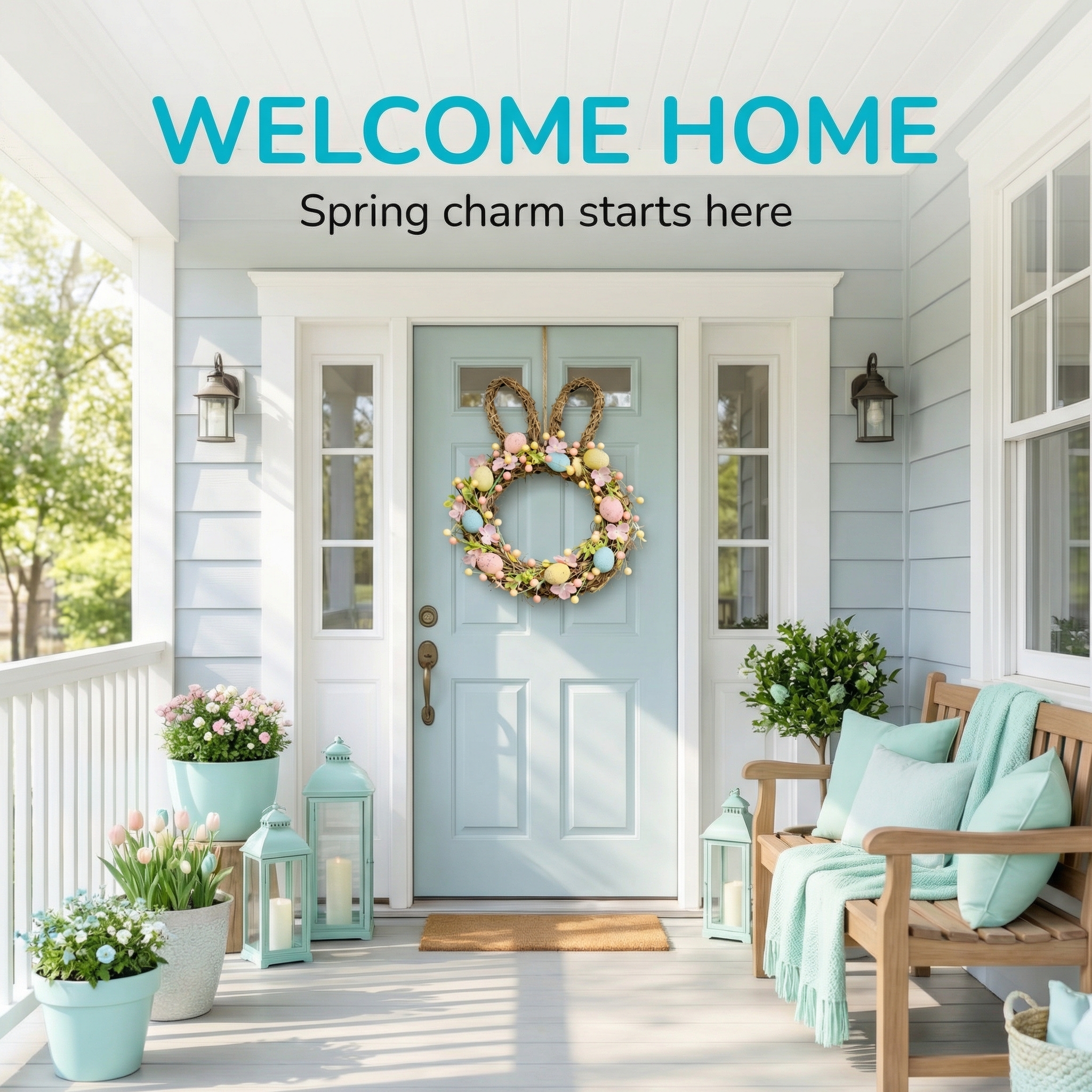 Handcrafted Bunny Ear Easter Wreath with Pastel Eggs & Flowers