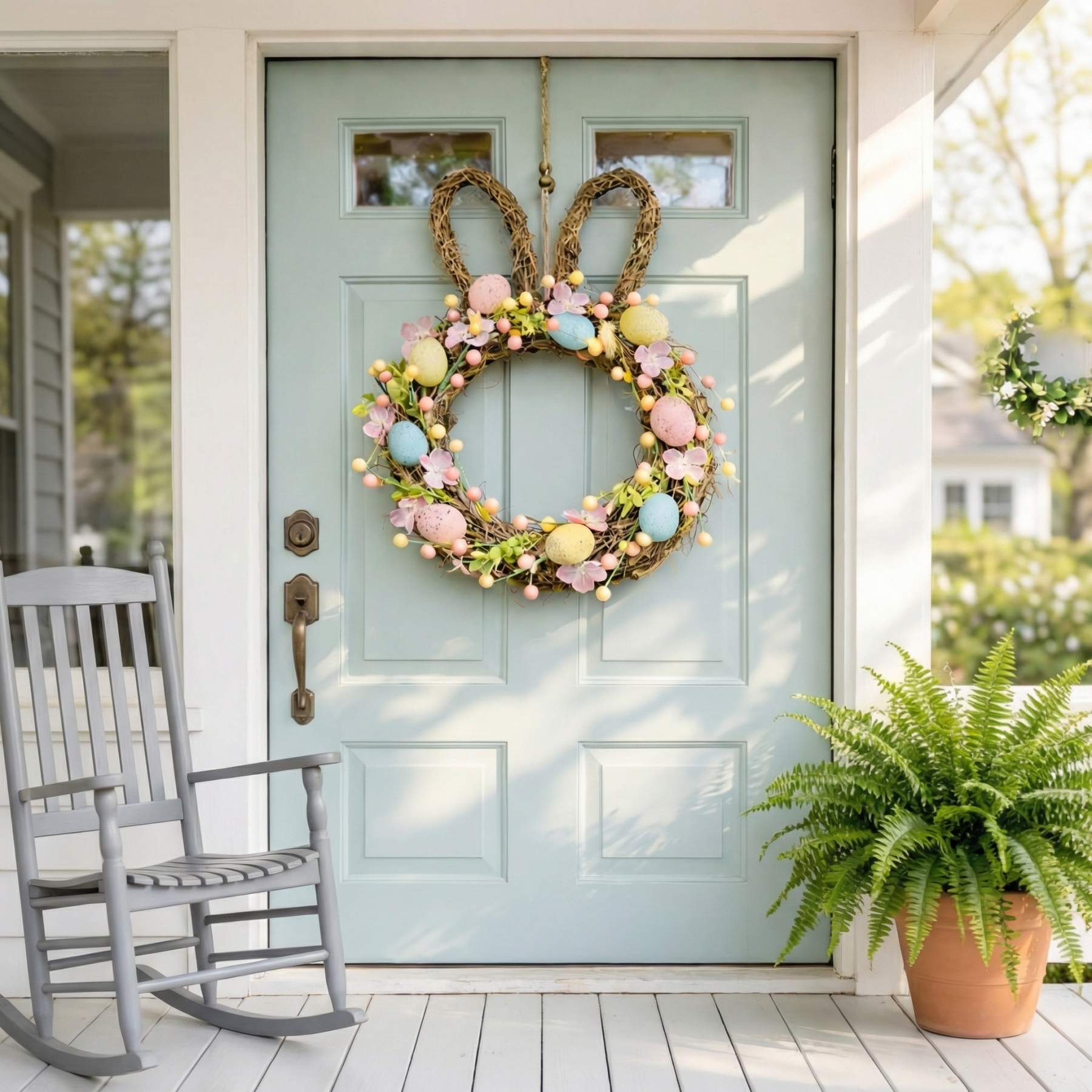 Handcrafted Bunny Ear Easter Wreath with Pastel Eggs & Flowers