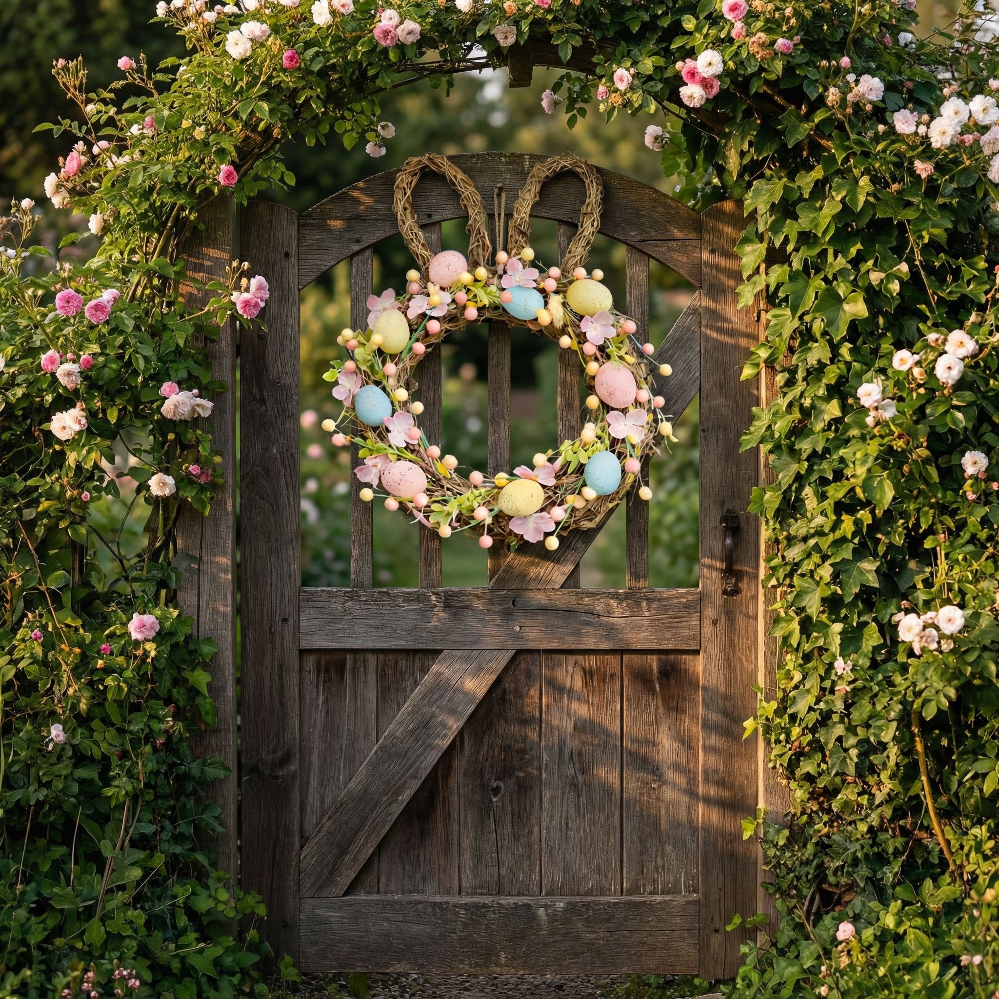 Handcrafted Bunny Ear Easter Wreath with Pastel Eggs & Flowers