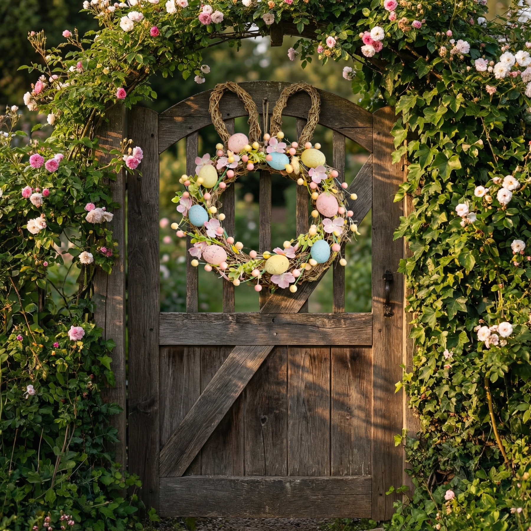 Handcrafted Bunny Ear Easter Wreath with Pastel Eggs & Flowers