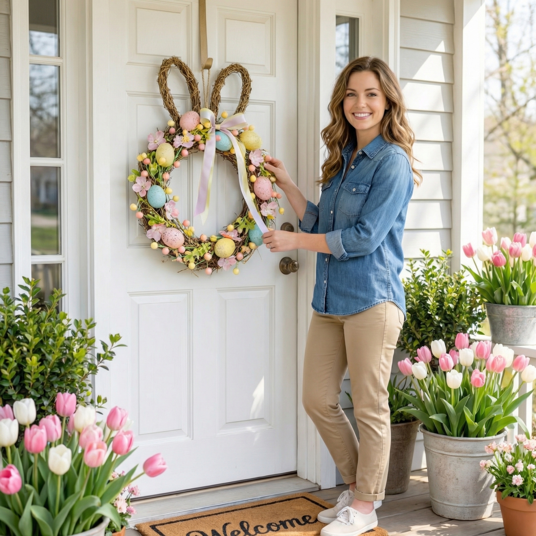 Handcrafted Bunny Ear Easter Wreath with Pastel Eggs & Flowers