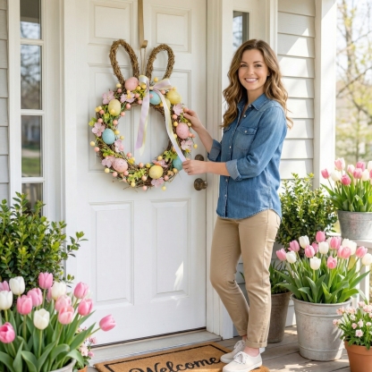 Handcrafted Bunny Ear Easter Wreath with Pastel Eggs & Flowers
