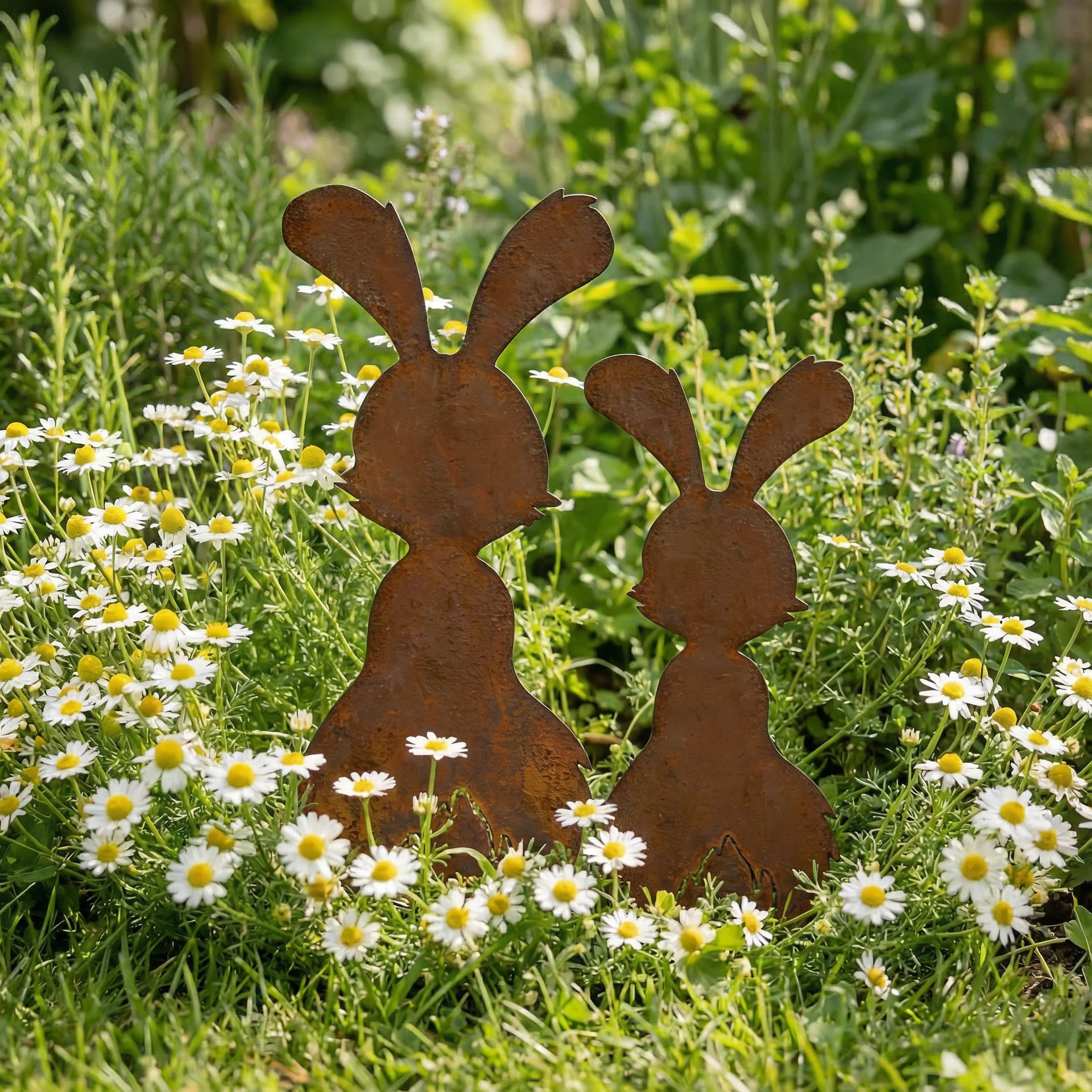 Set of 2 Rustic Metal Bunny Garden Stakes