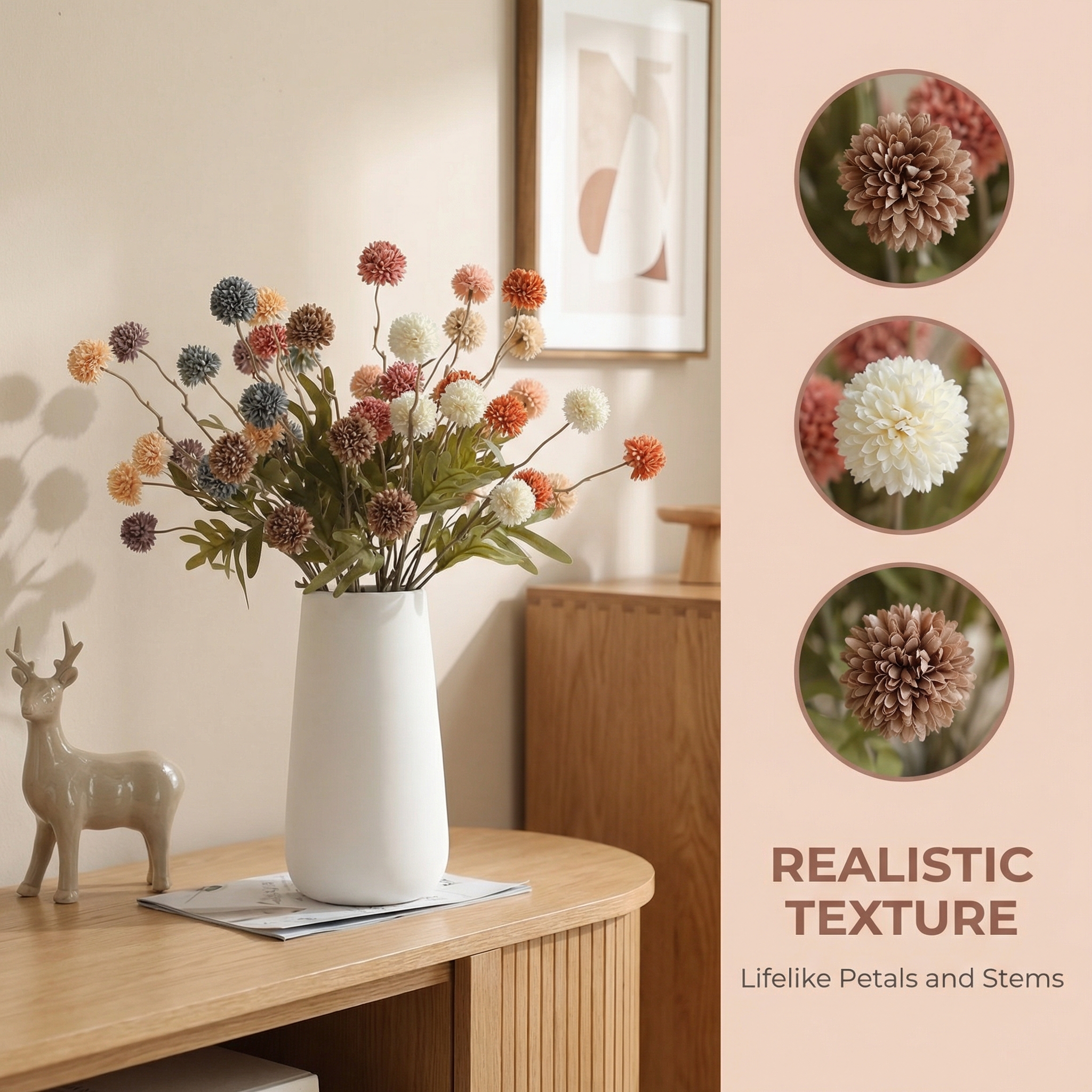 3 Pack 20" Artificial Pompom Flower Stems for Vase Arrangements