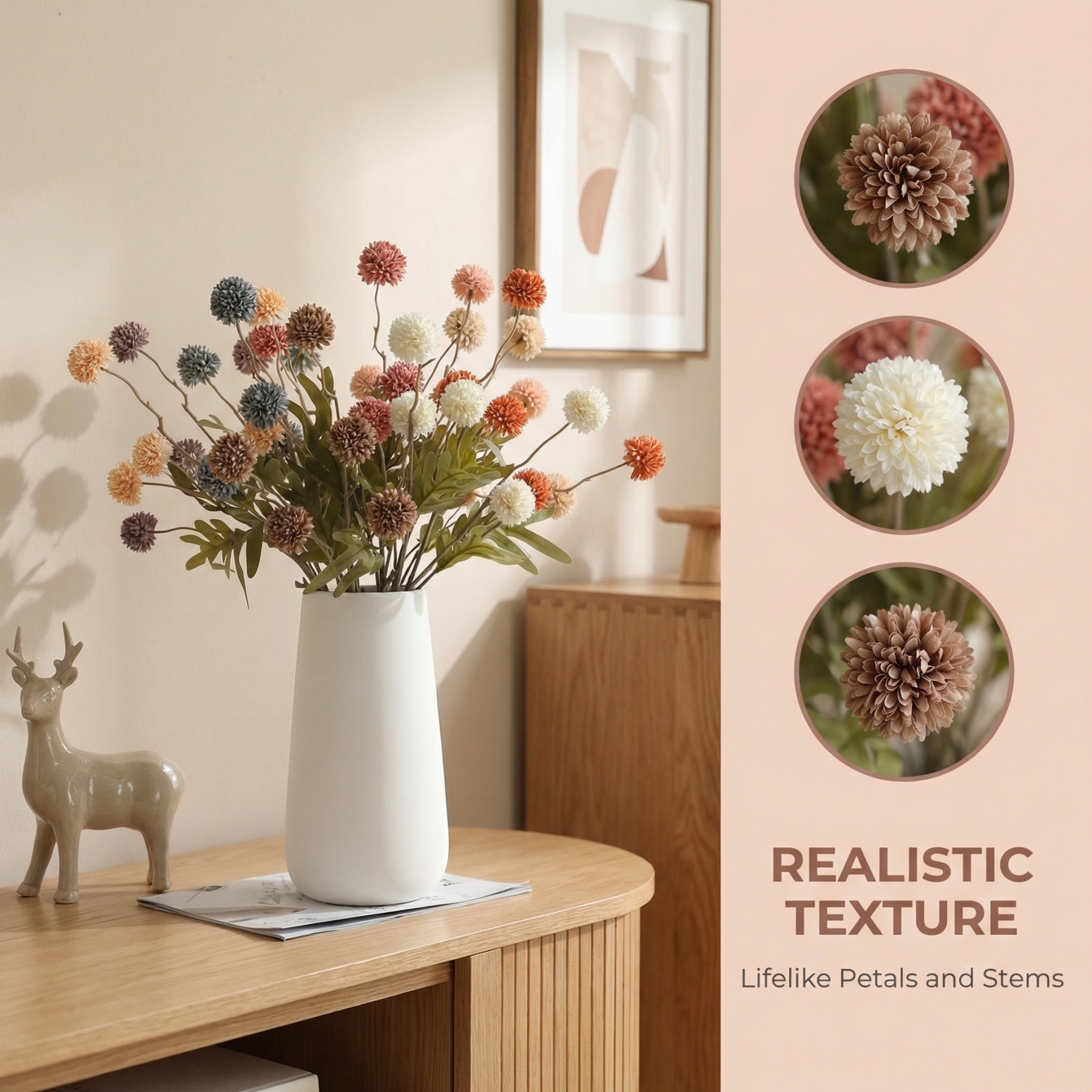 3 Pack 20" Artificial Pompom Flower Stems for Vase Arrangements