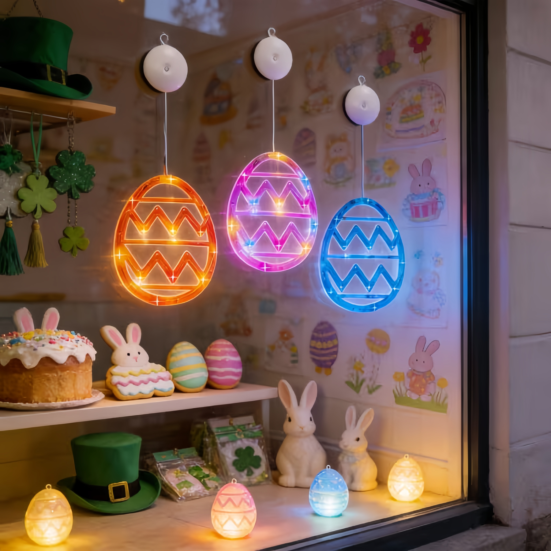Bunny and Egg LED Window Hanging Lights with Suction Cups