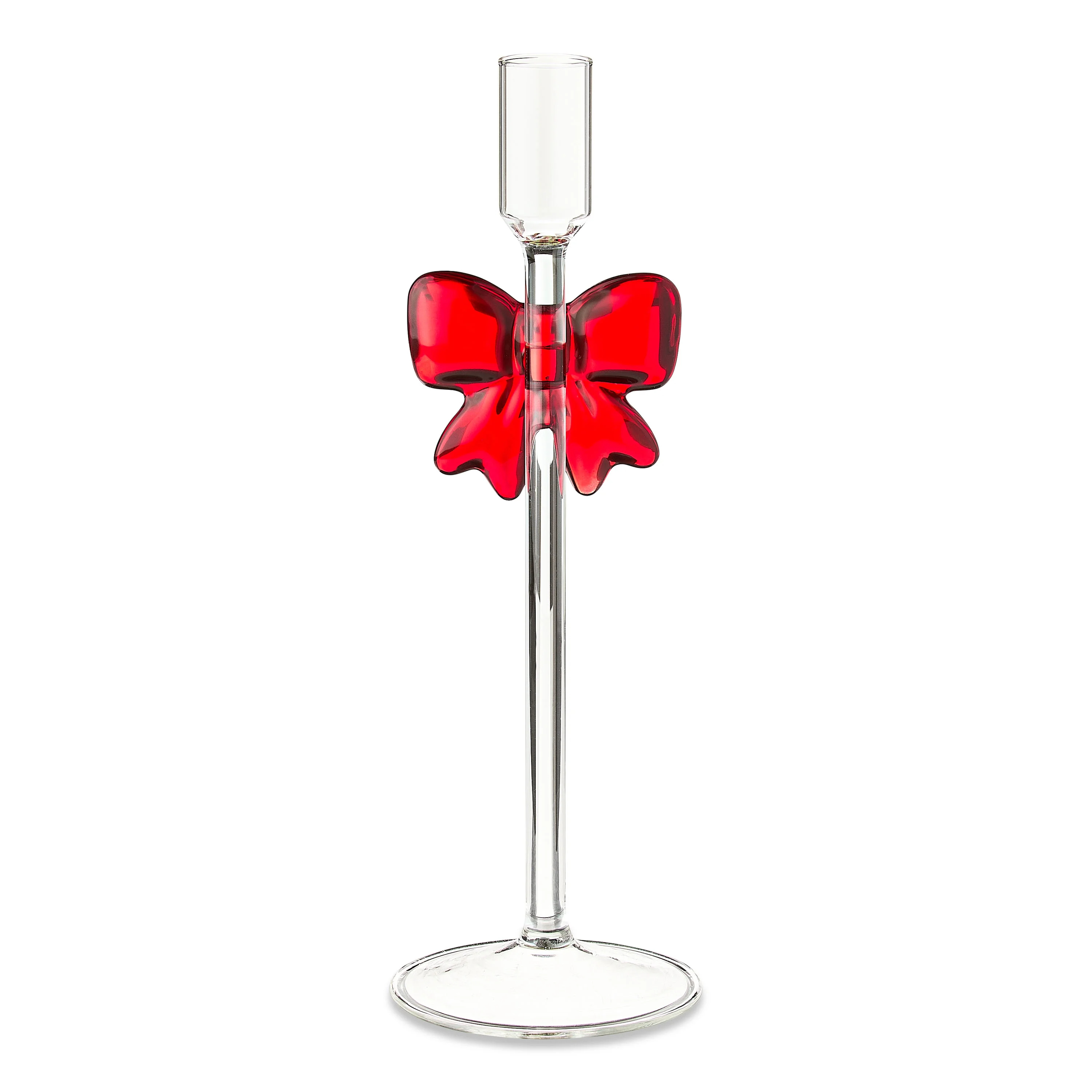 Clear Glass Christmas Taper Candle Holder with Bow