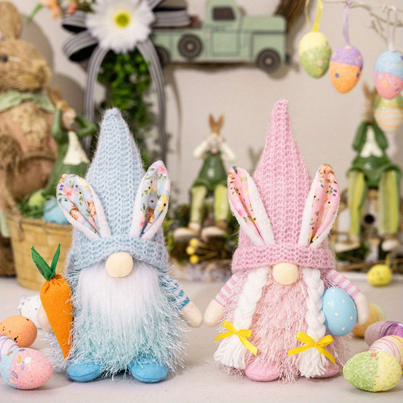 Spring Bunny Gnome Plush Figurines with Knit Hats