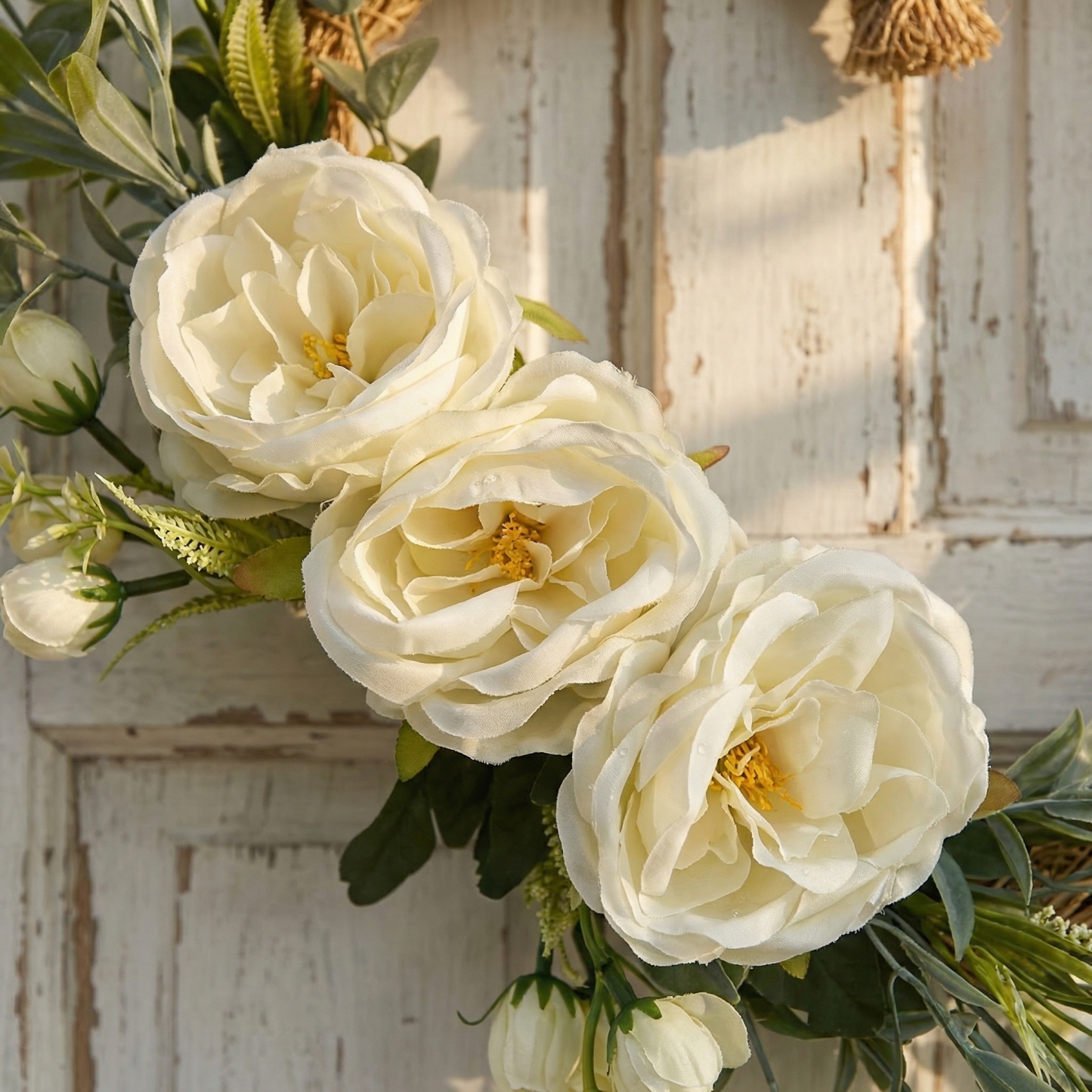 Handmade Heart-Shaped Rattan Wreath with Silk Peony Flowers