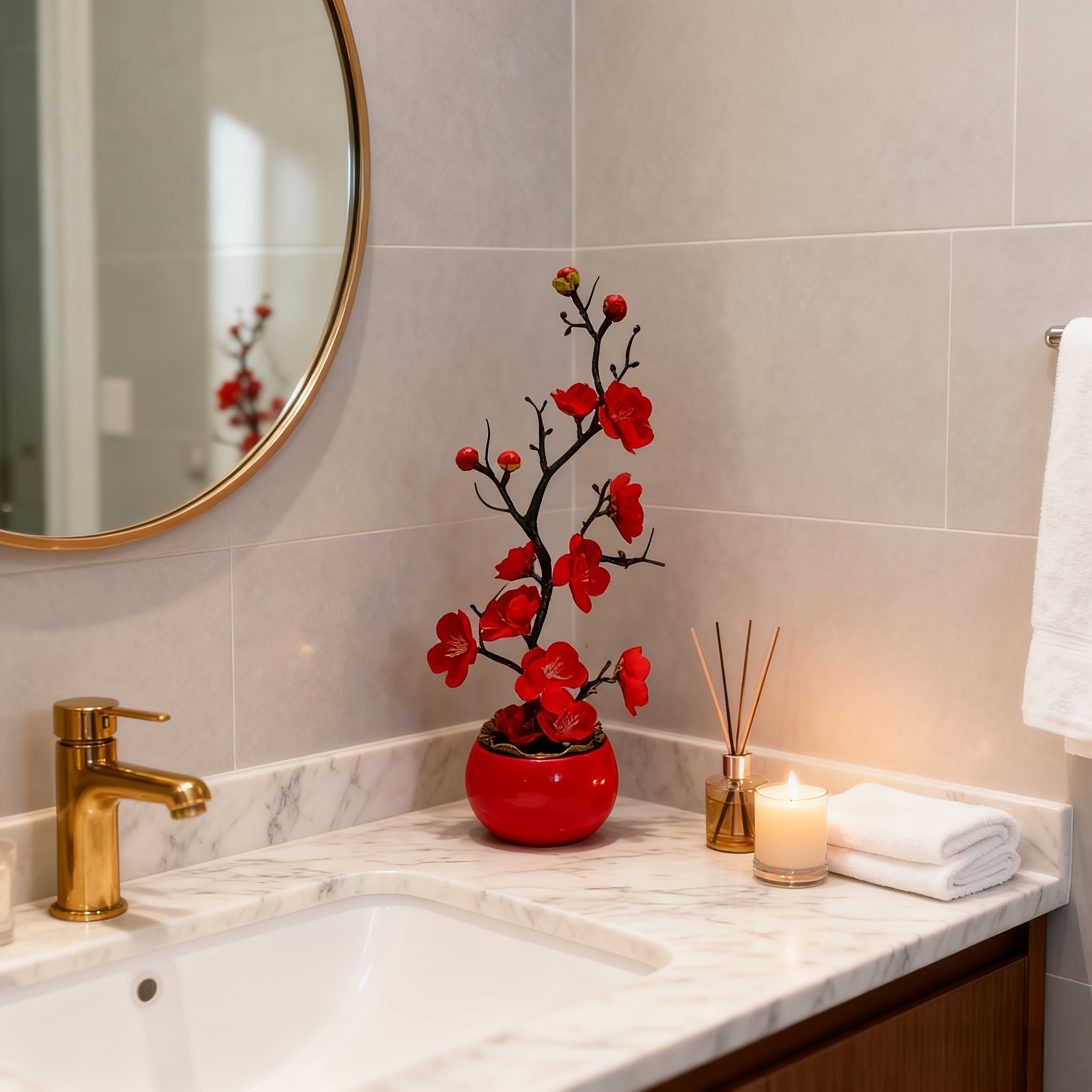 Artificial Plum Blossom Bonsai Tree in Red Pot