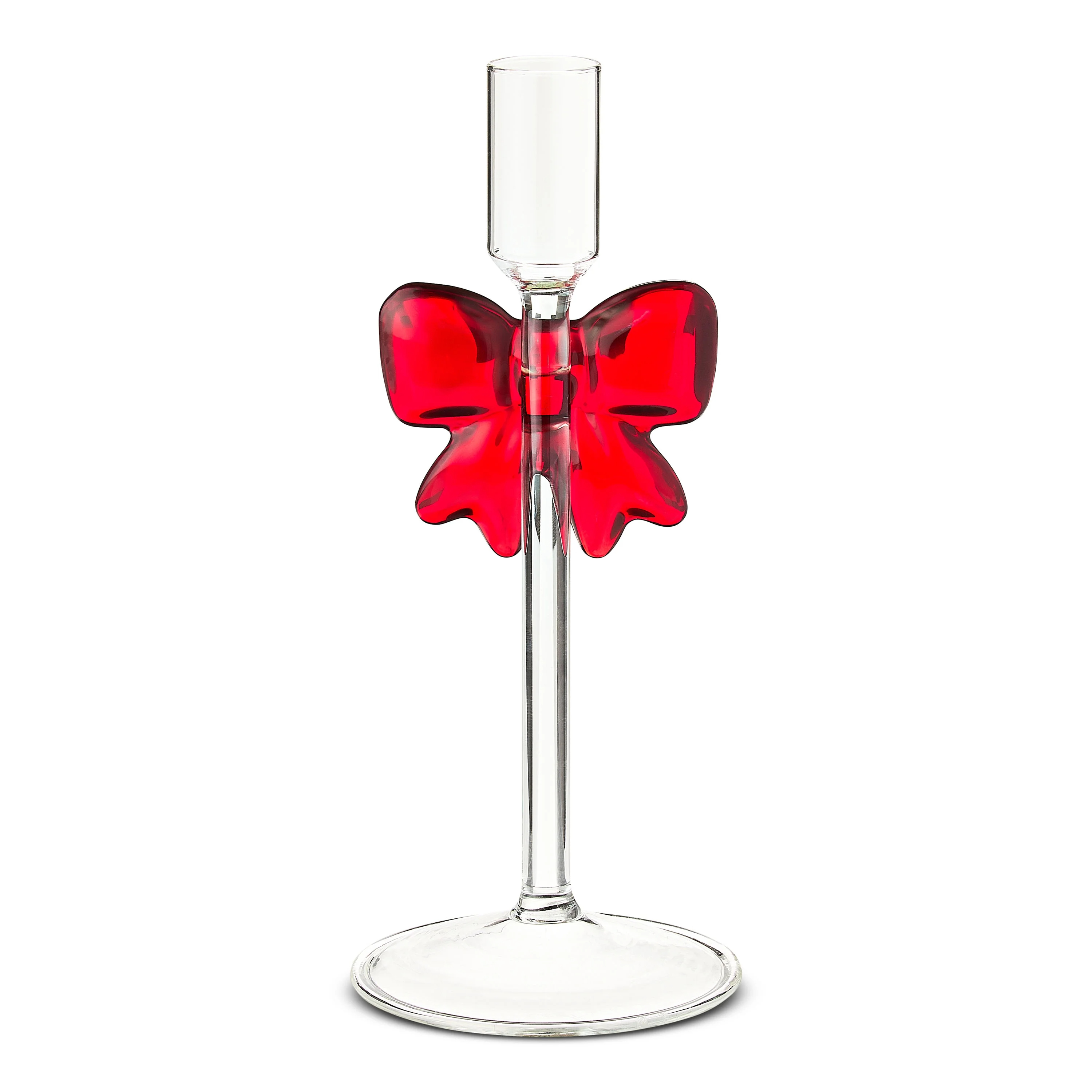Clear Glass Christmas Taper Candle Holder with Bow