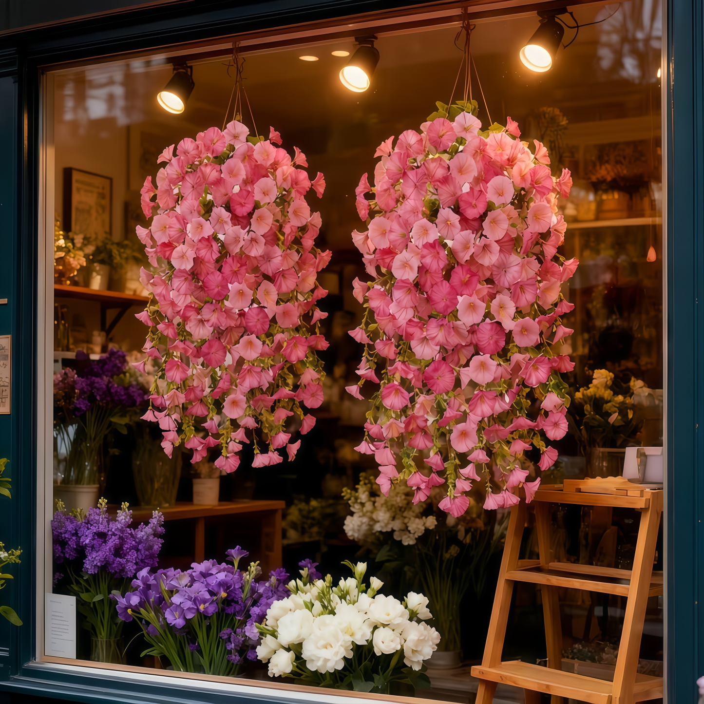 Artificial Hanging Morning Glory Flowers with Greenery, UV Resistant