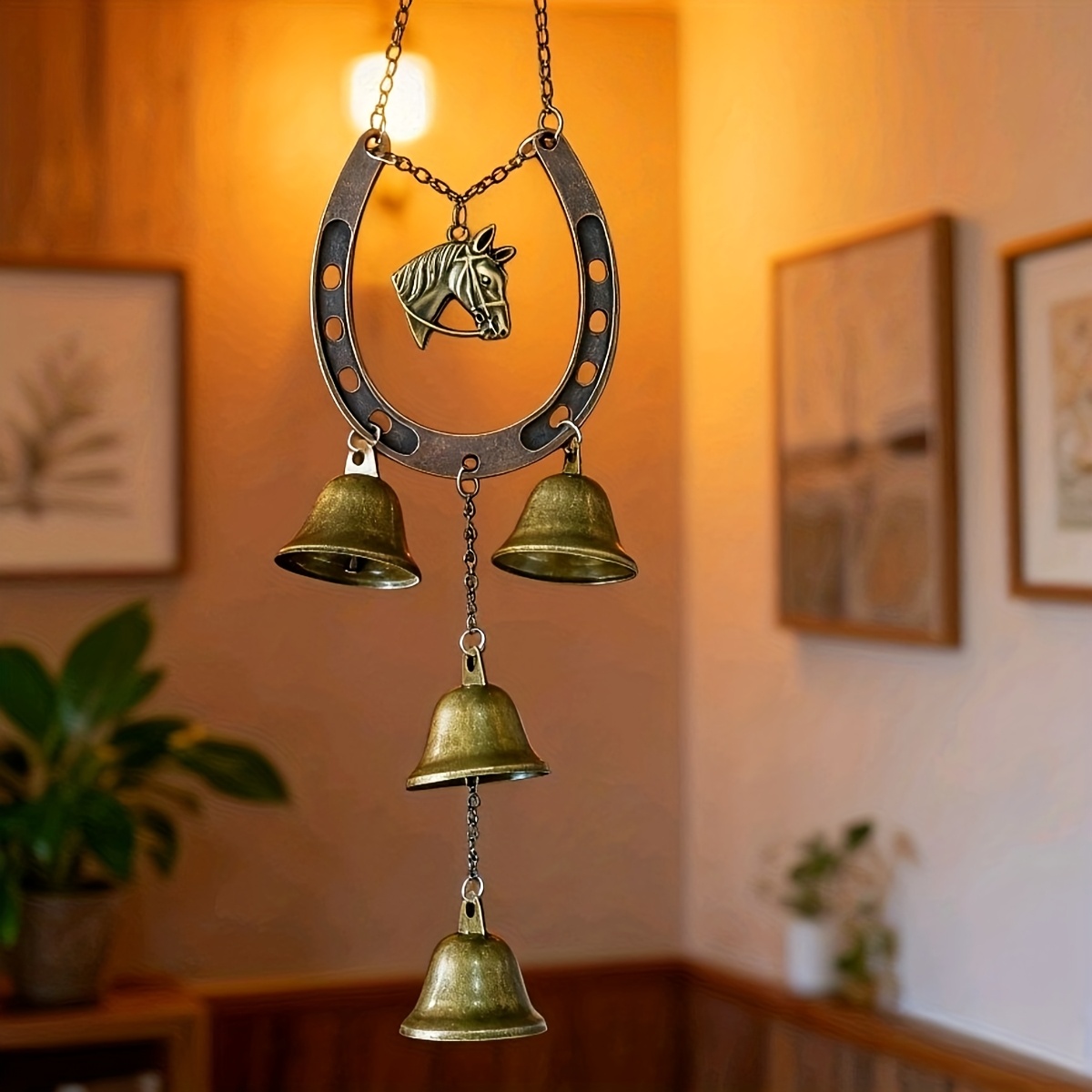 Vintage Horseshoe Wind Chime with Golden Bells & Horse Head Ornament