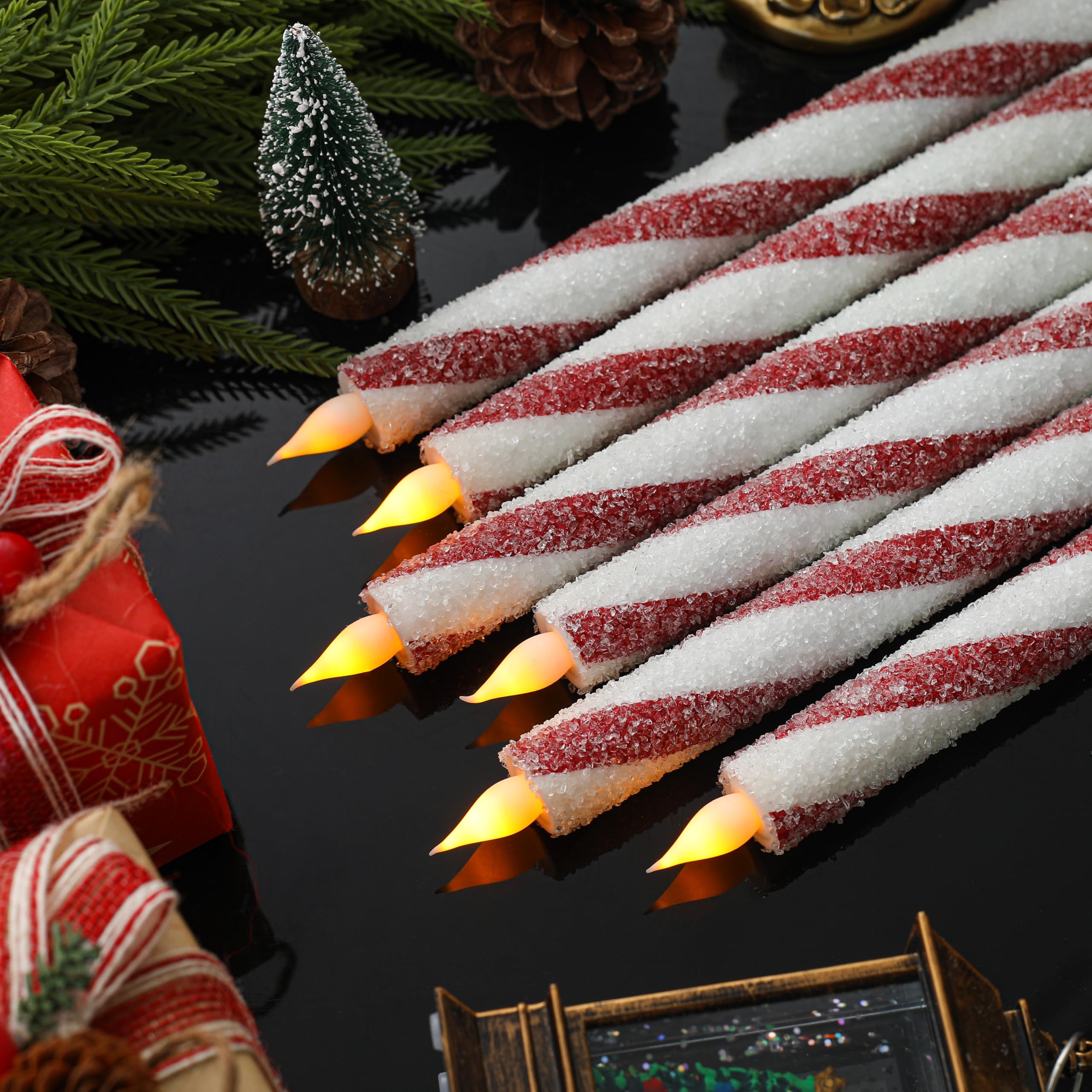 6 Pack Christmas Candy Cane Flameless Flickering Taper Candles with Remote Control