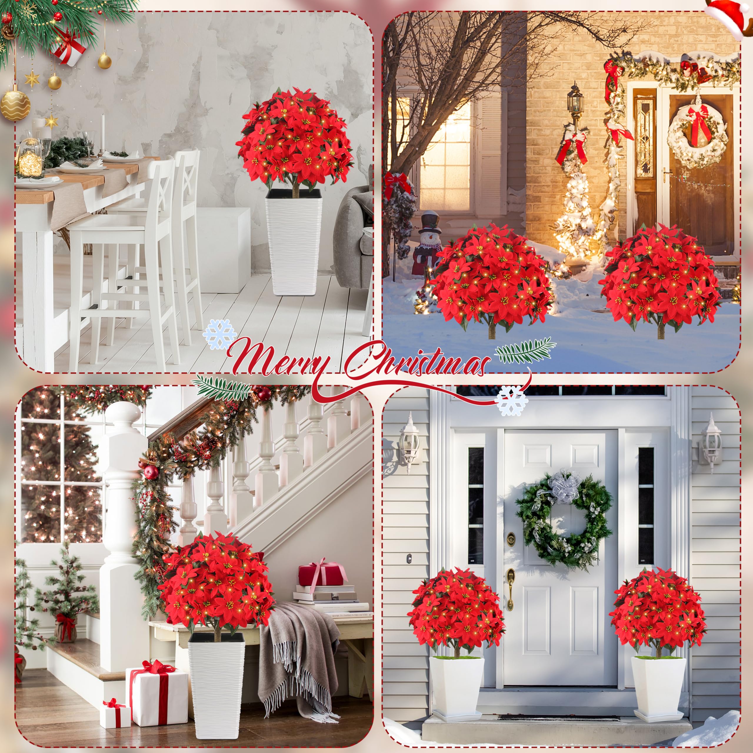 27" Artificial Poinsettia Topiary Trees with 100 LED Lights